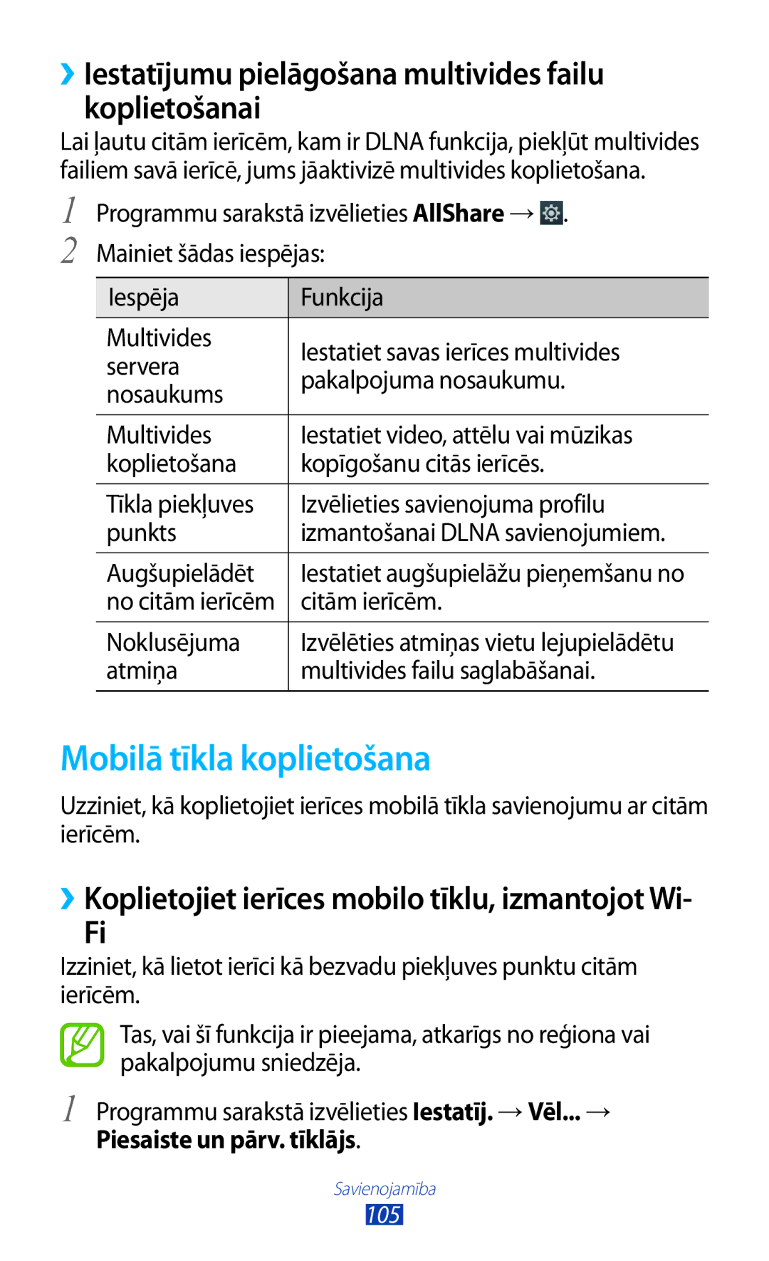 Samsung GT-P6200UWASEB, GT-P6200MAASEB Mobilā tīkla koplietošana, ››Iestatījumu pielāgošana multivides failu koplietošanai 