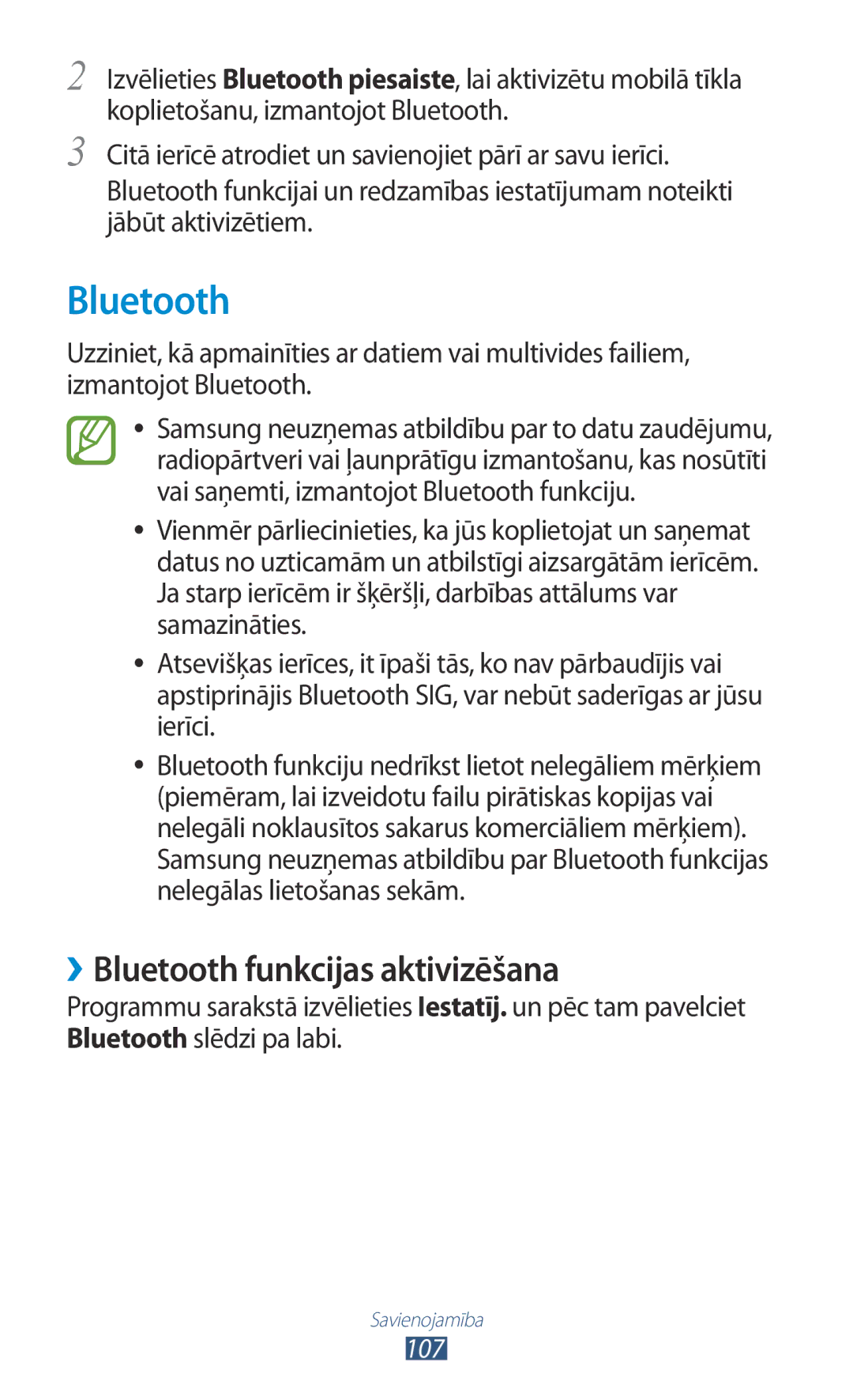 Samsung GT-P6200UWASEB, GT-P6200MAASEB manual ››Bluetooth funkcijas aktivizēšana 