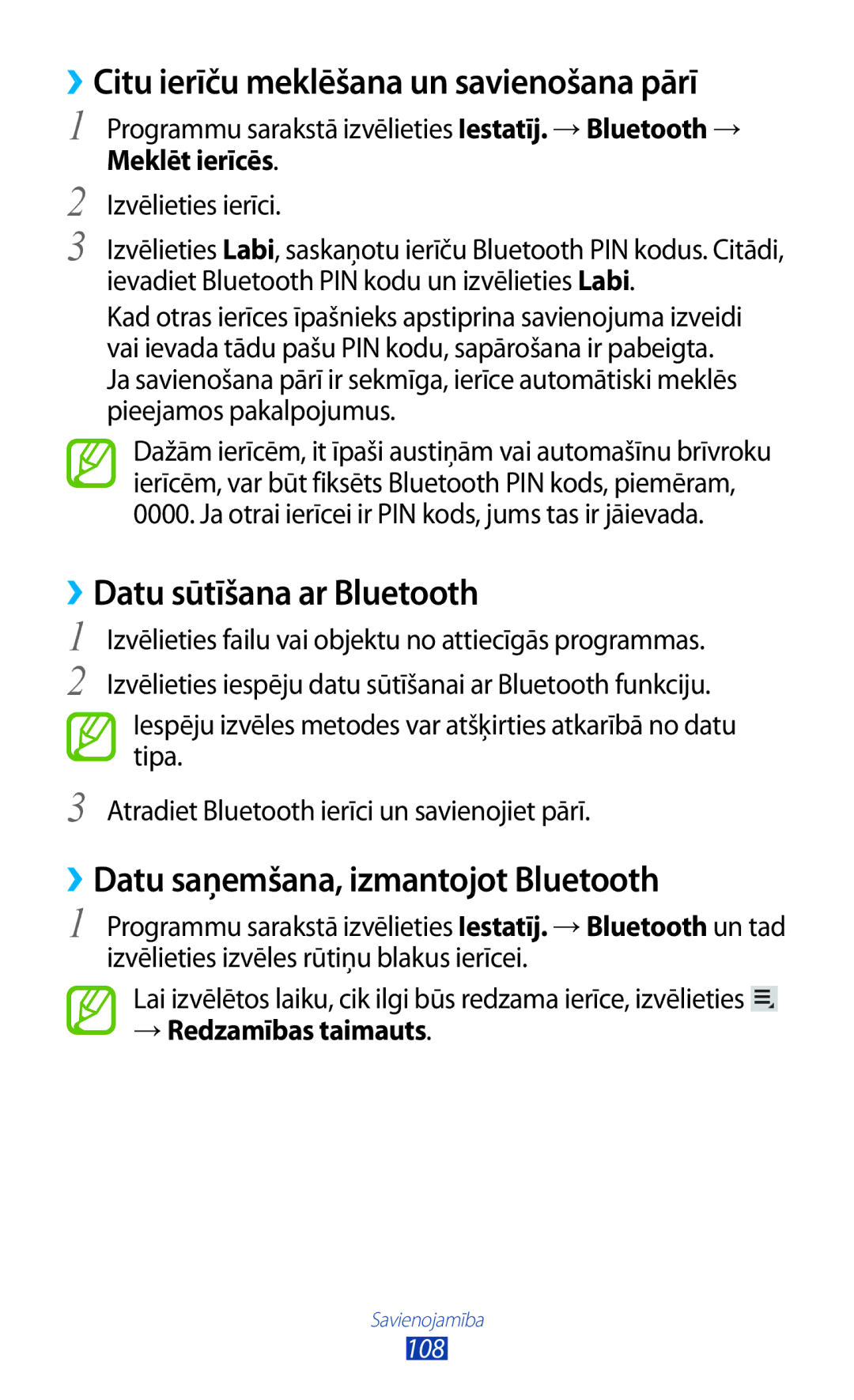 Samsung GT-P6200MAASEB manual ››Citu ierīču meklēšana un savienošana pārī, ››Datu sūtīšana ar Bluetooth, Meklēt ierīcēs 