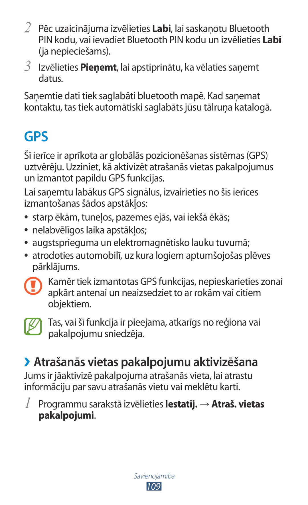 Samsung GT-P6200UWASEB, GT-P6200MAASEB manual Programmu sarakstā izvēlieties Iestatīj. → Atraš. vietas, Pakalpojumi 