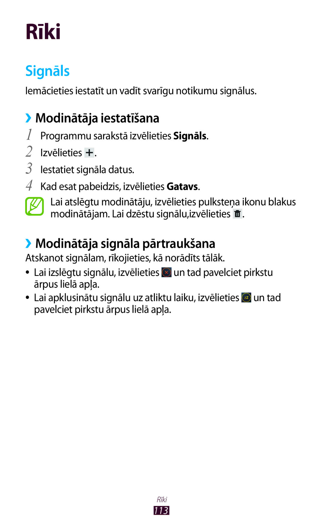 Samsung GT-P6200UWASEB, GT-P6200MAASEB manual Signāls, ››Modinātāja iestatīšana, ››Modinātāja signāla pārtraukšana 