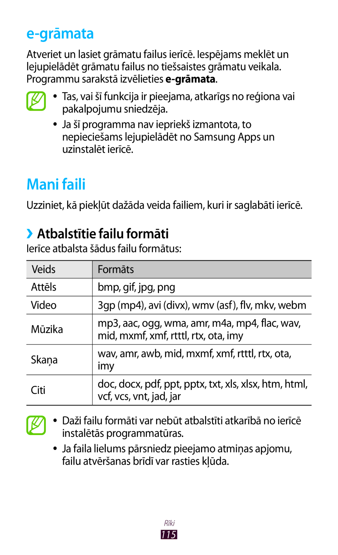 Samsung GT-P6200UWASEB, GT-P6200MAASEB manual Grāmata, Mani faili, ››Atbalstītie failu formāti 