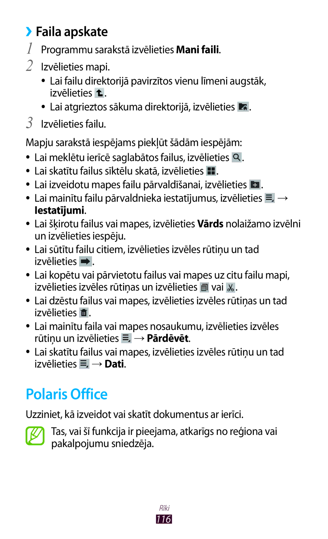 Samsung GT-P6200MAASEB manual Polaris Office, ››Faila apskate, Programmu sarakstā izvēlieties Mani faili Izvēlieties mapi 