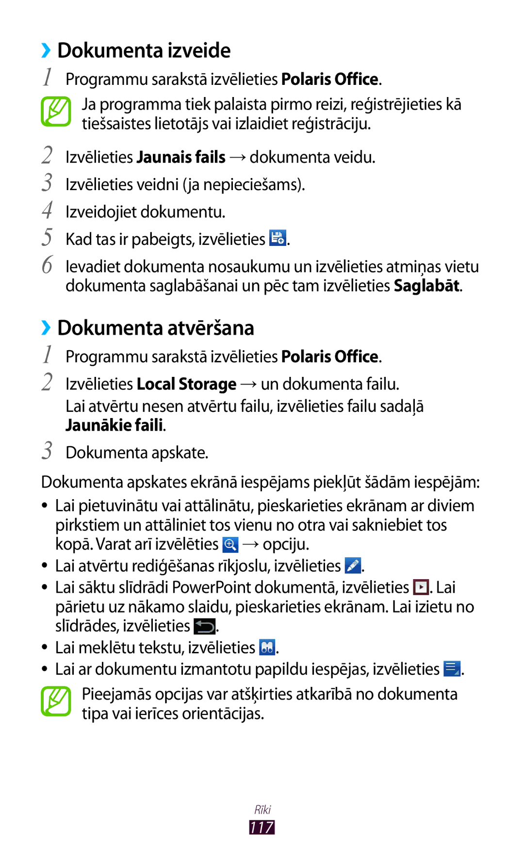 Samsung GT-P6200UWASEB manual ››Dokumenta izveide, ››Dokumenta atvēršana, Programmu sarakstā izvēlieties Polaris Office 