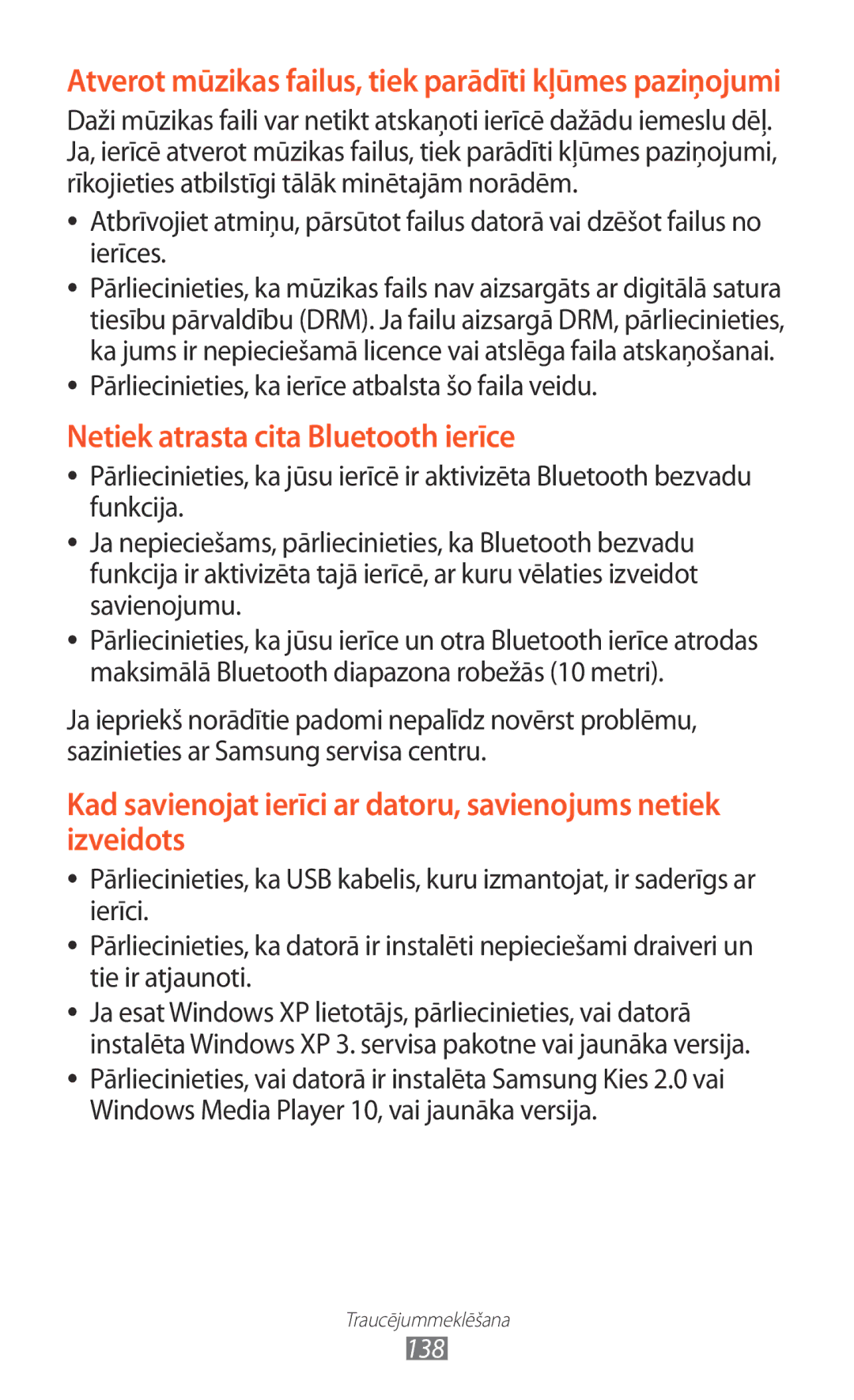 Samsung GT-P6200MAASEB, GT-P6200UWASEB manual Atverot mūzikas failus, tiek parādīti kļūmes paziņojumi 