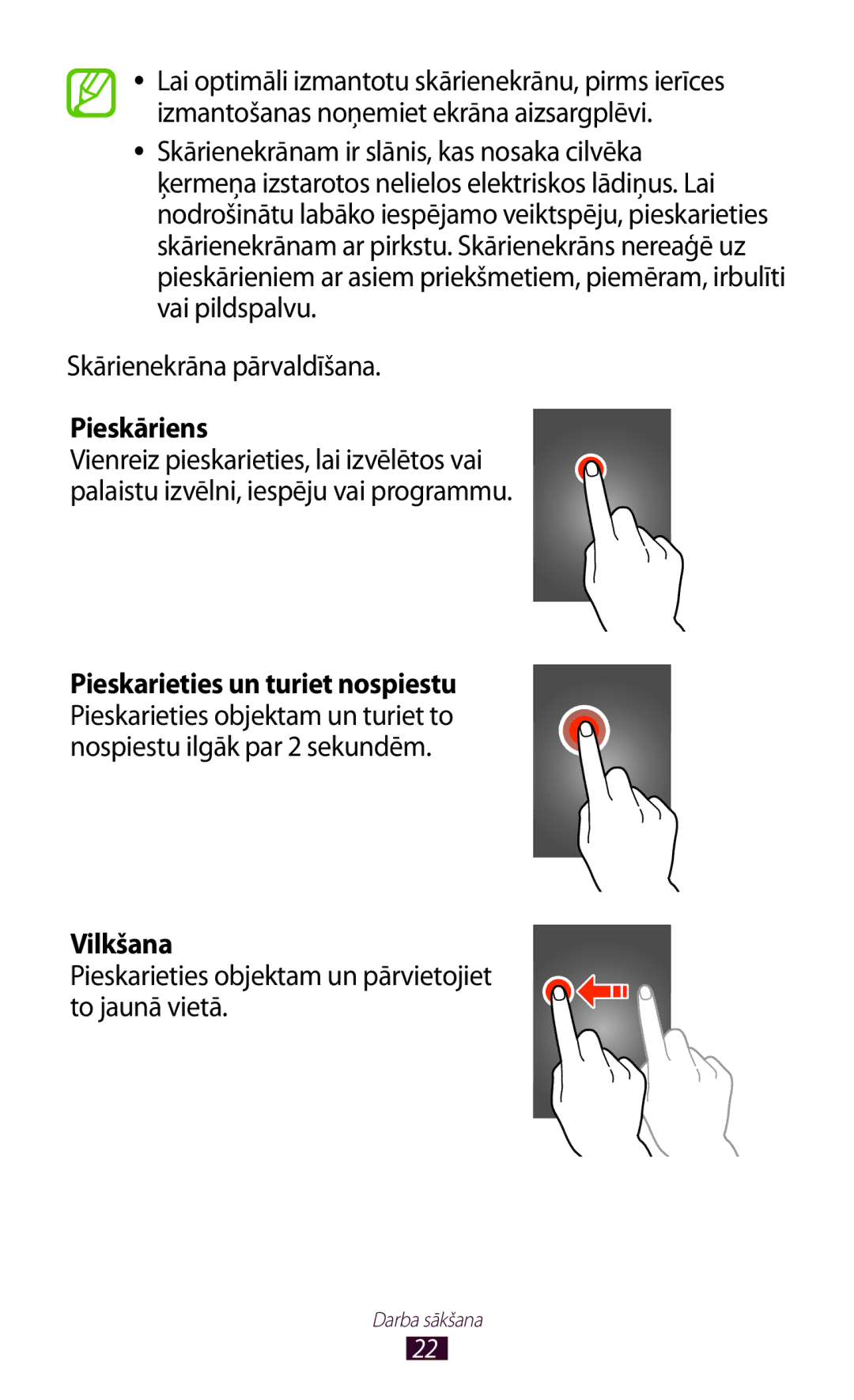 Samsung GT-P6200MAASEB, GT-P6200UWASEB manual Skārienekrāna pārvaldīšana, Pieskāriens, Vilkšana 