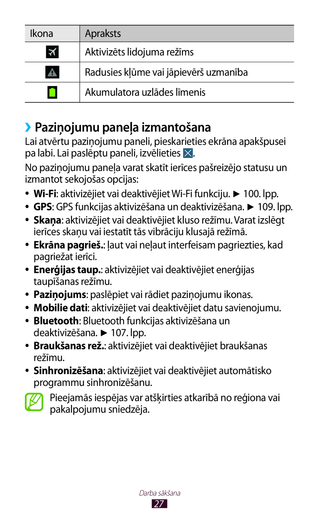 Samsung GT-P6200UWASEB manual ››Paziņojumu paneļa izmantošana, Wi-Fi aktivizējiet vai deaktivējiet Wi-Fi funkciju . lpp 