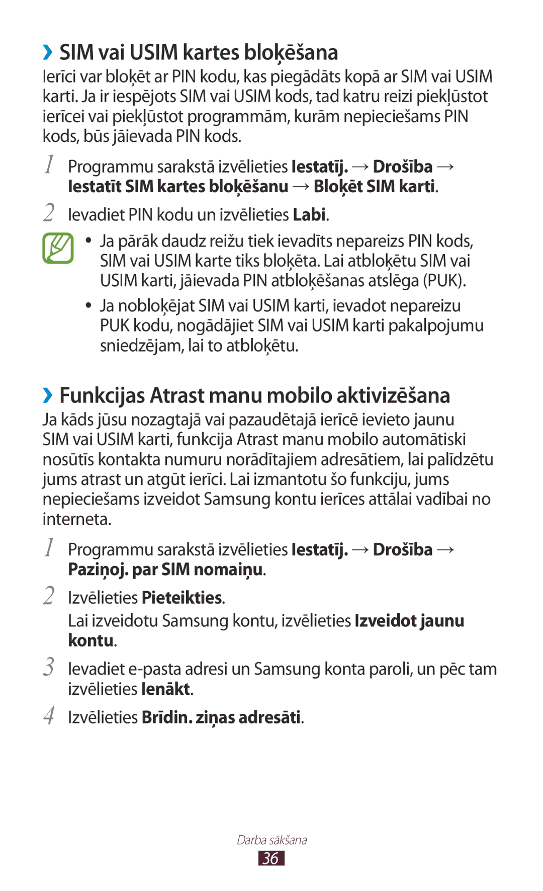 Samsung GT-P6200MAASEB, GT-P6200UWASEB manual ››SIM vai Usim kartes bloķēšana, Ievadiet PIN kodu un izvēlieties Labi 