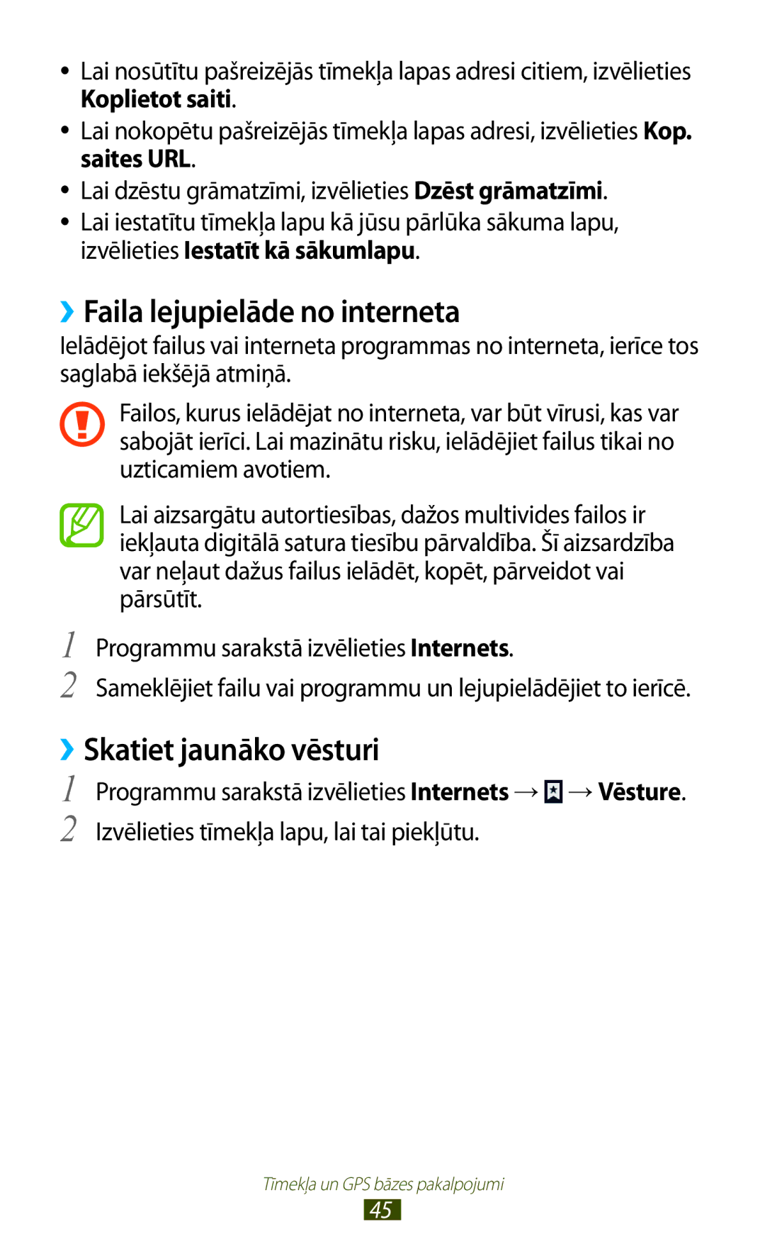 Samsung GT-P6200UWASEB, GT-P6200MAASEB manual ››Faila lejupielāde no interneta, ››Skatiet jaunāko vēsturi 