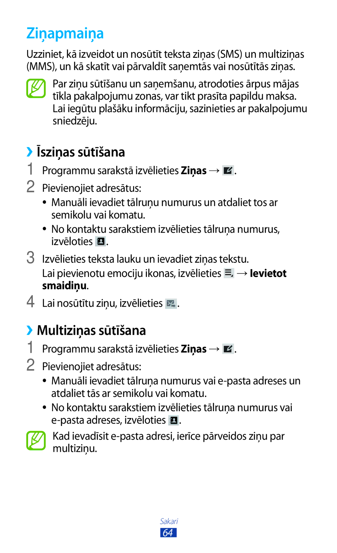 Samsung GT-P6200MAASEB, GT-P6200UWASEB manual Ziņapmaiņa, ››Īsziņas sūtīšana, ››Multiziņas sūtīšana 