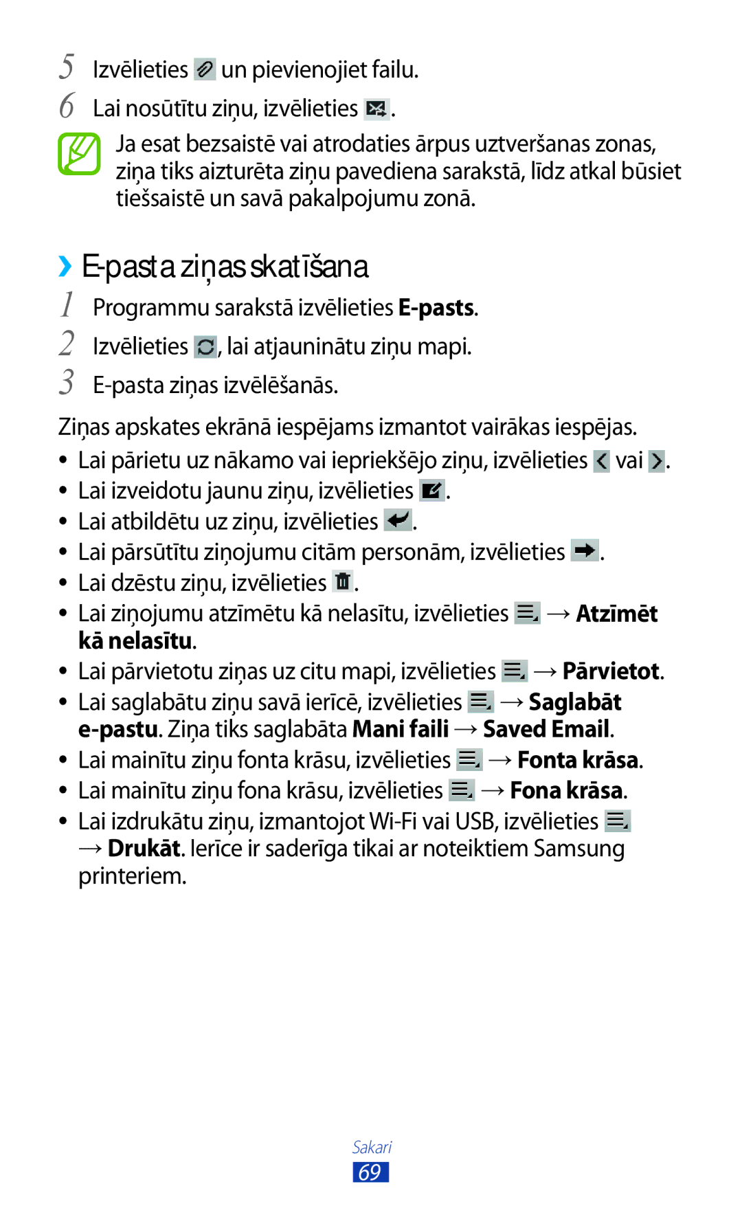 Samsung GT-P6200UWASEB, GT-P6200MAASEB manual ››E-pasta ziņas skatīšana, Pastu. Ziņa tiks saglabāta Mani faili → Saved Email 