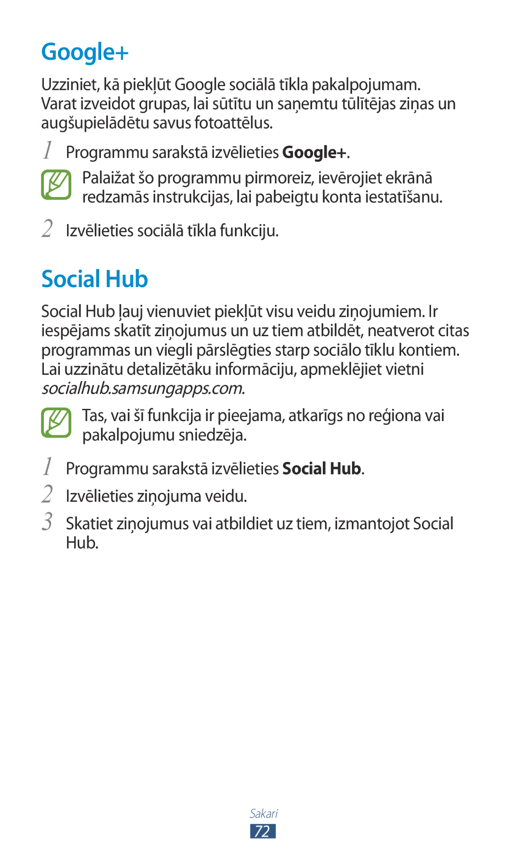 Samsung GT-P6200MAASEB manual Social Hub, Programmu sarakstā izvēlieties Google+, Izvēlieties sociālā tīkla funkciju 