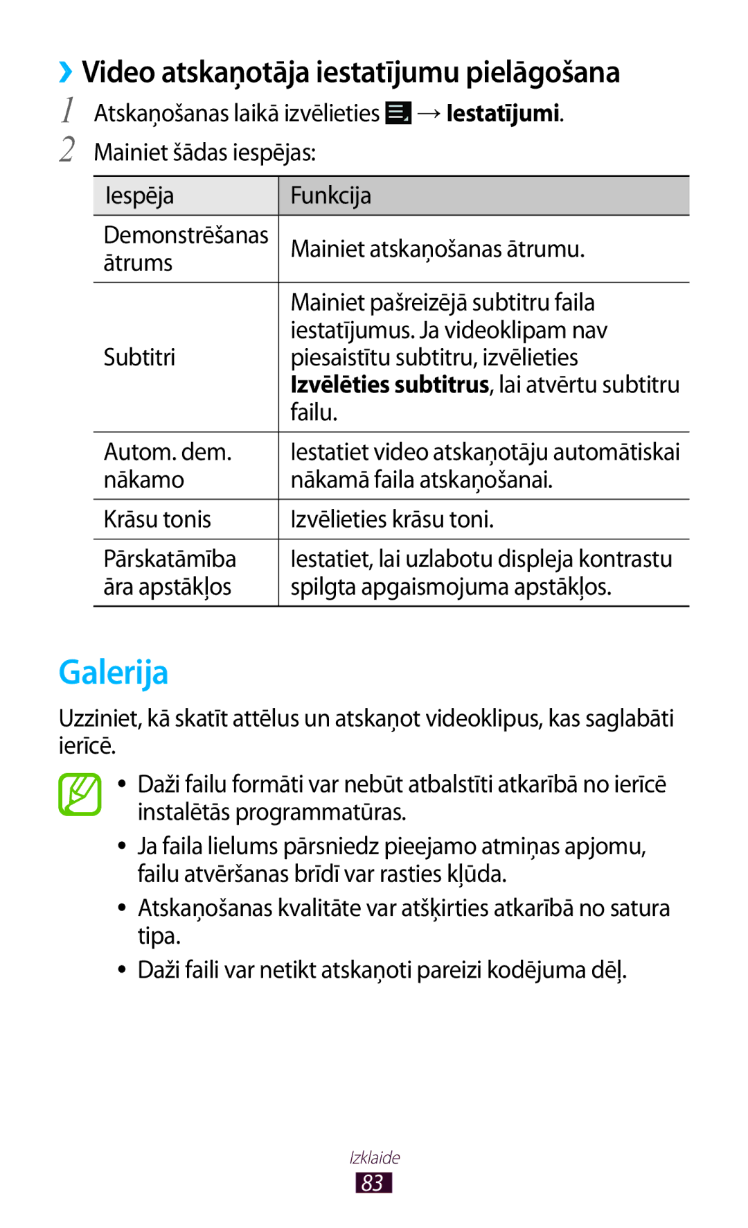 Samsung GT-P6200UWASEB, GT-P6200MAASEB manual Galerija, ››Video atskaņotāja iestatījumu pielāgošana 