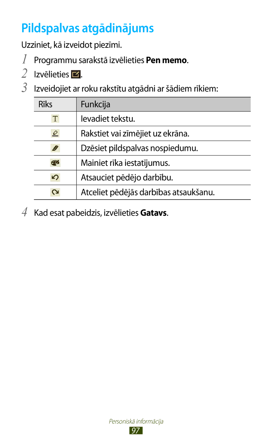 Samsung GT-P6200UWASEB, GT-P6200MAASEB manual Pildspalvas atgādinājums 