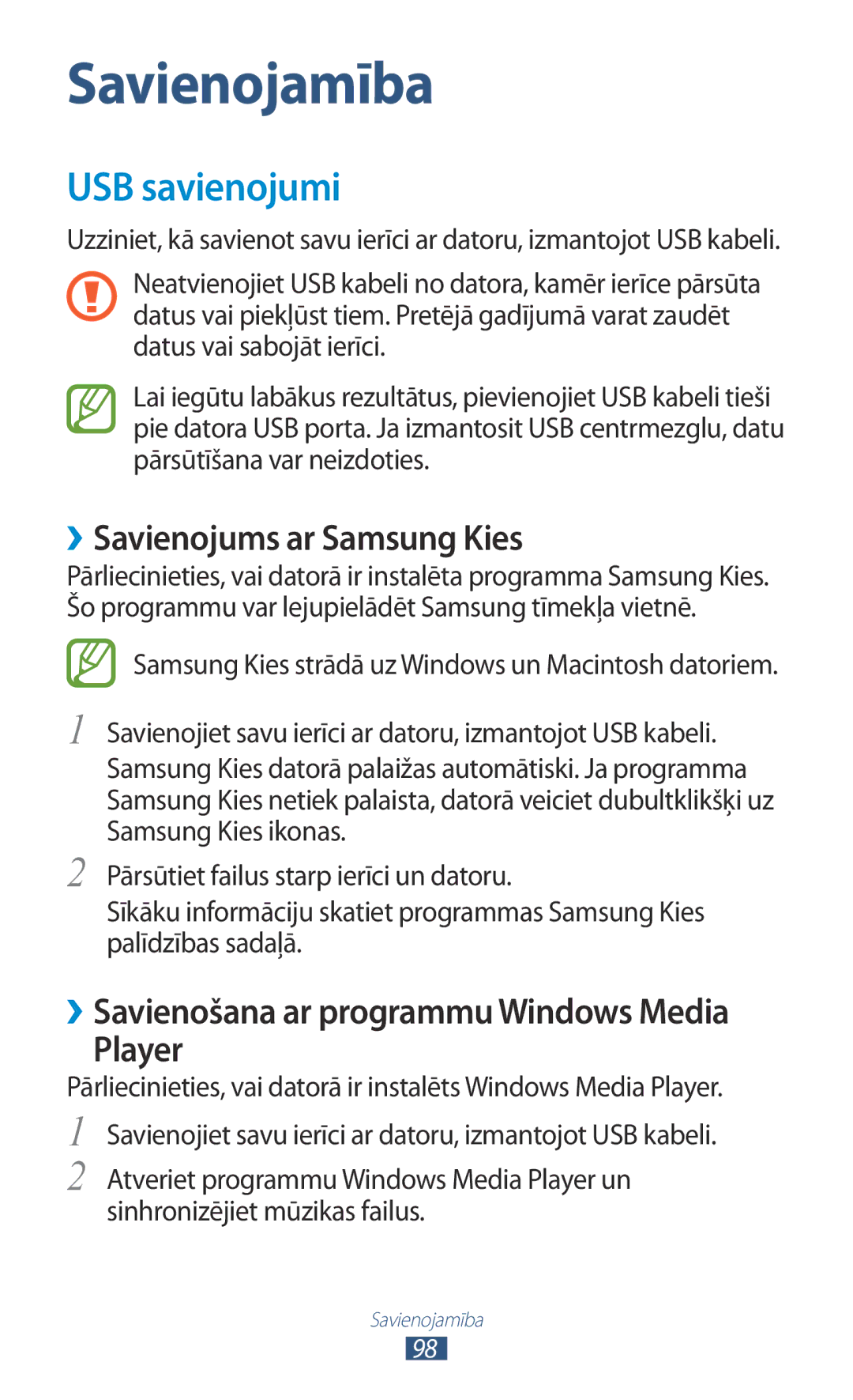 Samsung GT-P6200MAASEB, GT-P6200UWASEB manual USB savienojumi, ››Savienojums ar Samsung Kies, Player 