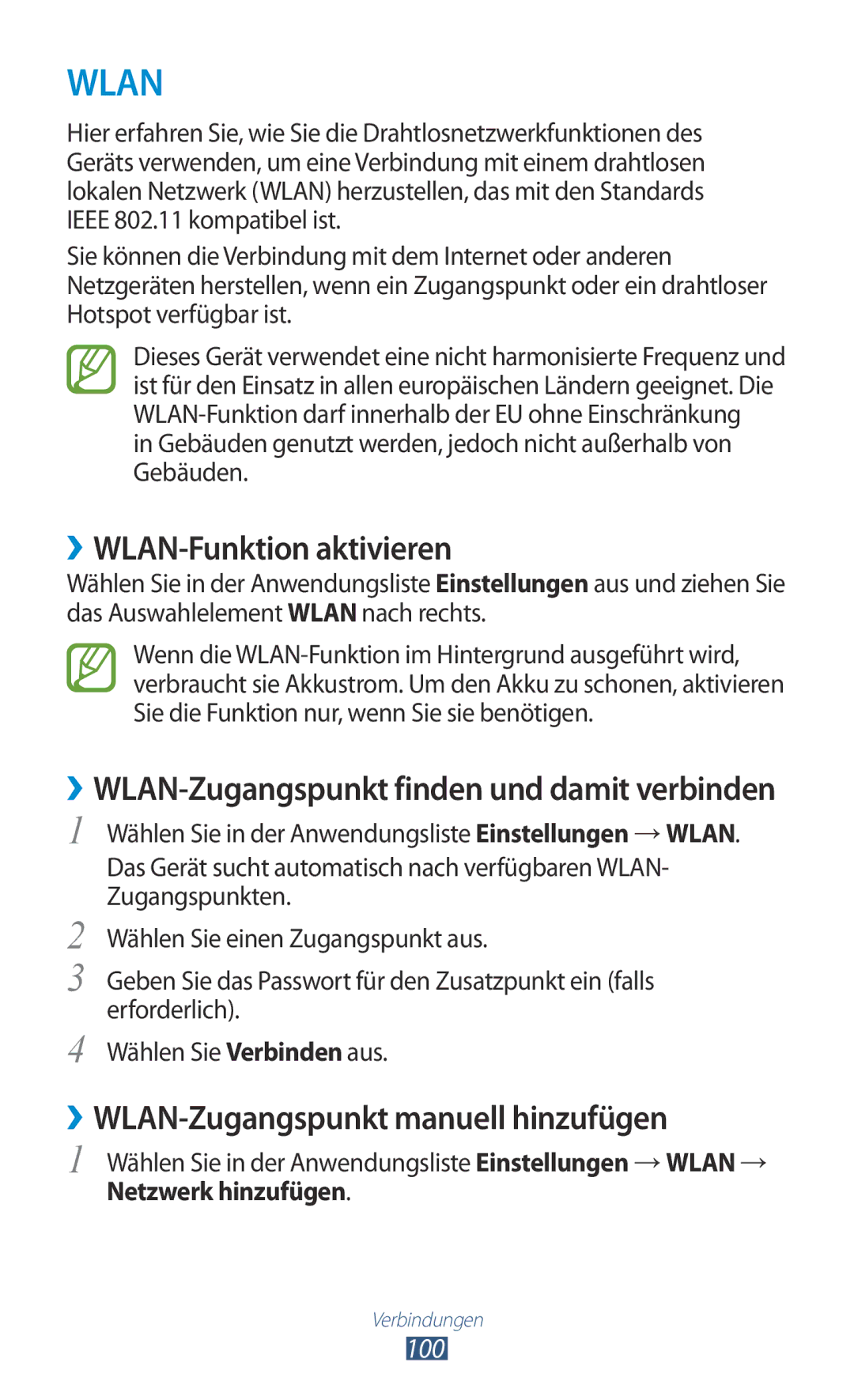 Samsung GT-P6200UWAATO manual ››WLAN-Funktion aktivieren, ››WLAN-Zugangspunkt manuell hinzufügen, 100, Netzwerk hinzufügen 