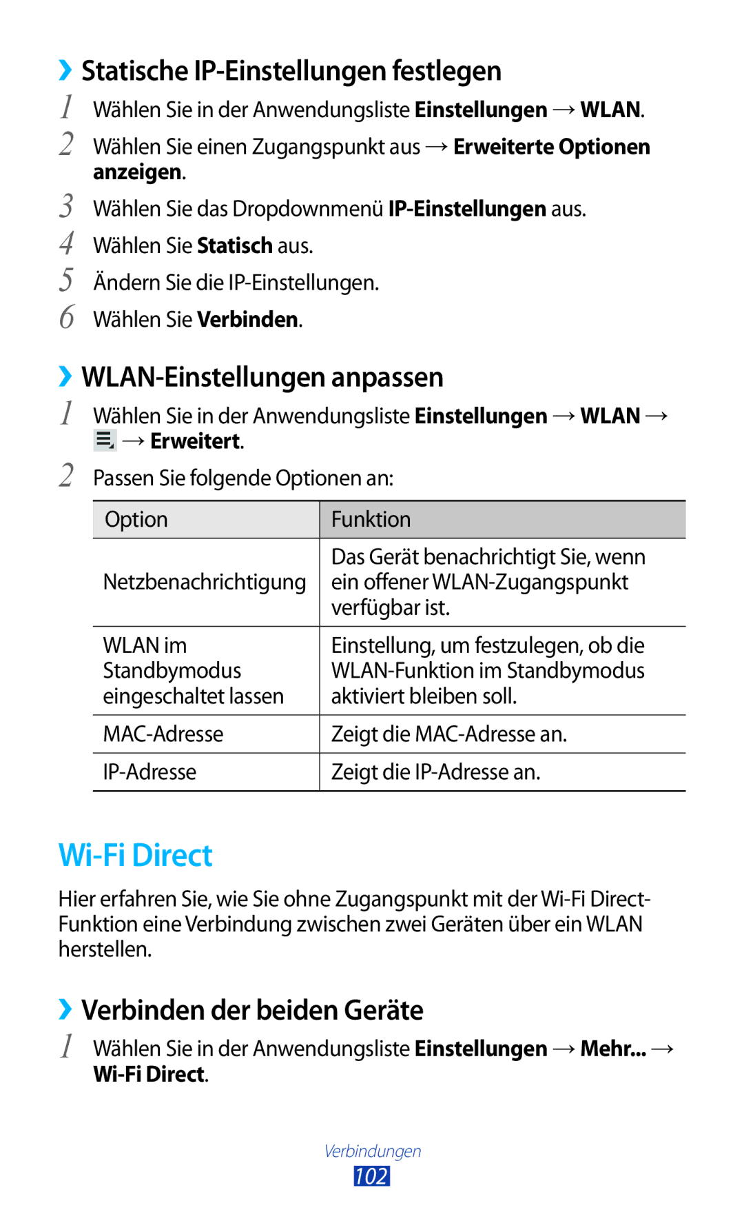 Samsung GT-P6200UWADBT manual Wi-Fi Direct, ››Statische IP-Einstellungen festlegen, ››WLAN-Einstellungen anpassen, 102 