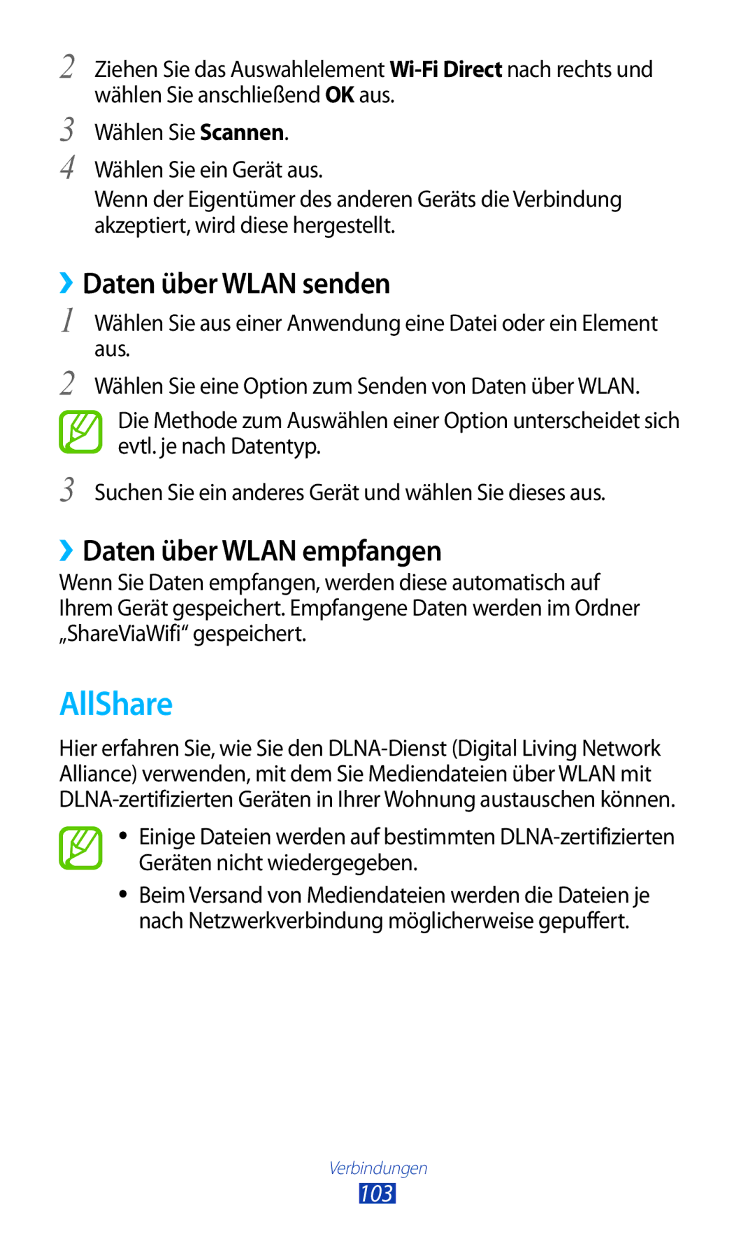 Samsung GT-P6200MAAATO, GT-P6200UWAATO, GT-P6200MAADBT AllShare, ››Daten über Wlan senden, ››Daten über Wlan empfangen, 103 