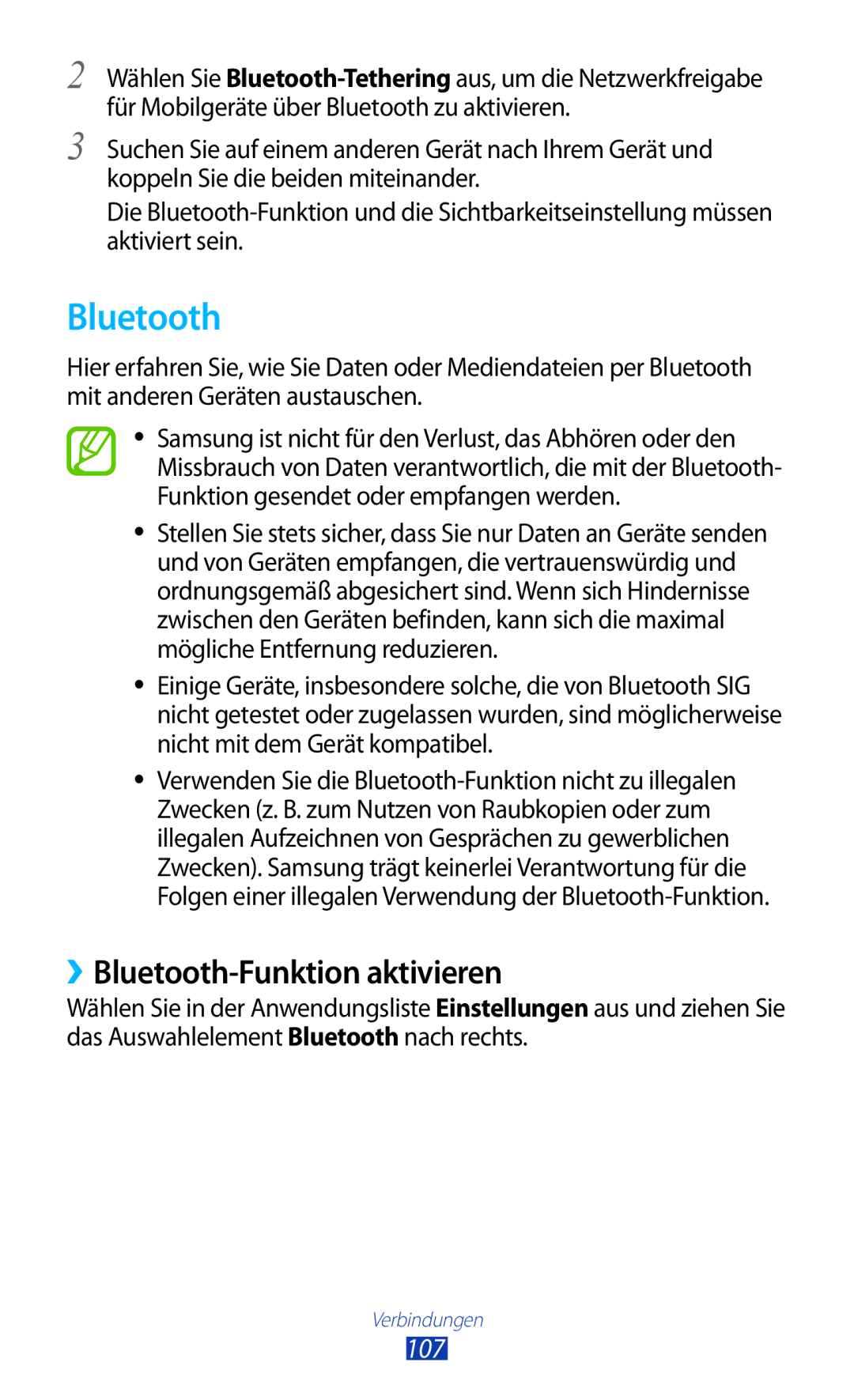 Samsung GT-P6200UWADBT, GT-P6200UWAATO, GT-P6200MAADBT, GT-P6200MAAATO manual ››Bluetooth-Funktion aktivieren, 107 