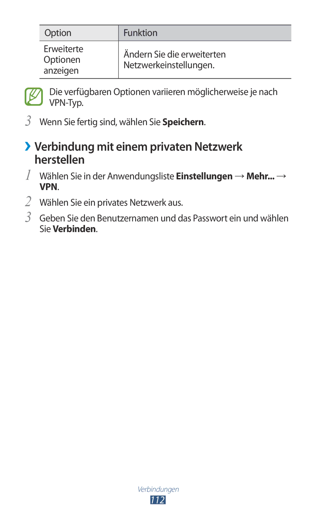 Samsung GT-P6200UWADBT, GT-P6200UWAATO manual ››Verbindung mit einem privaten Netzwerk herstellen, 112, Sie Verbinden 