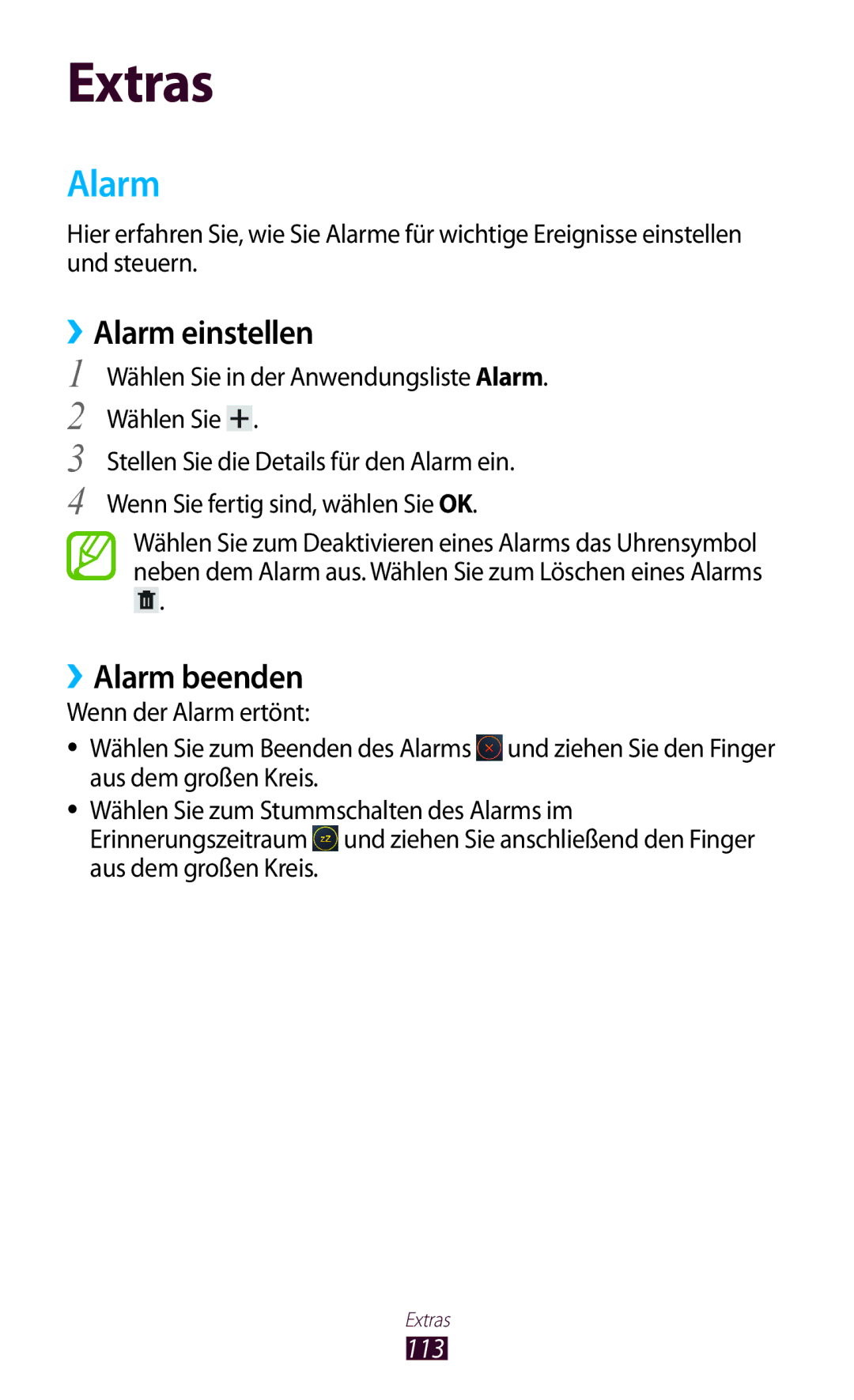 Samsung GT-P6200MAAATO ››Alarm einstellen, ››Alarm beenden, 113, Wählen Sie in der Anwendungsliste Alarm. Wählen Sie 