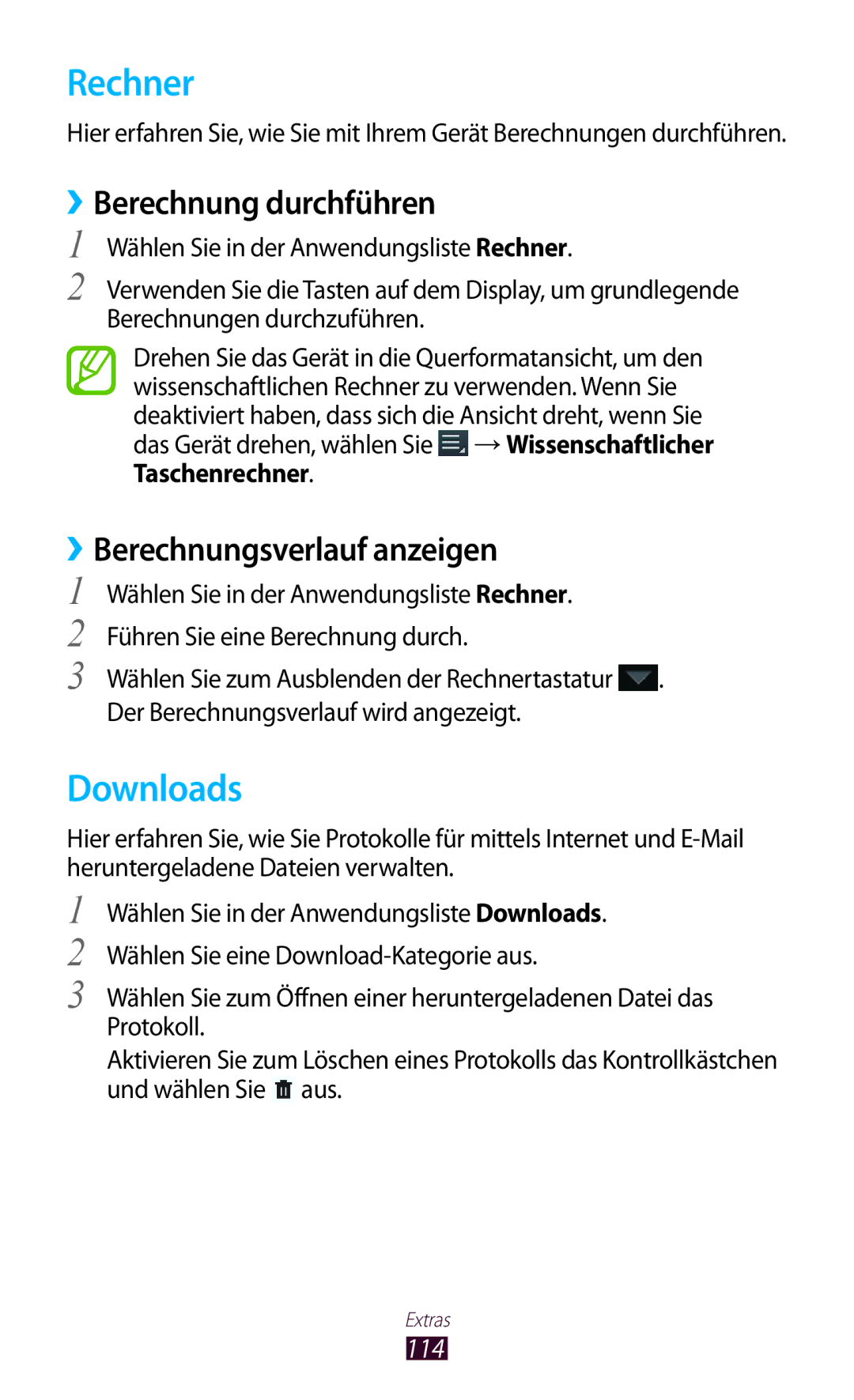 Samsung GT-P6200UWATUR, GT-P6200UWAATO Rechner, Downloads, ››Berechnung durchführen, ››Berechnungsverlauf anzeigen, 114 