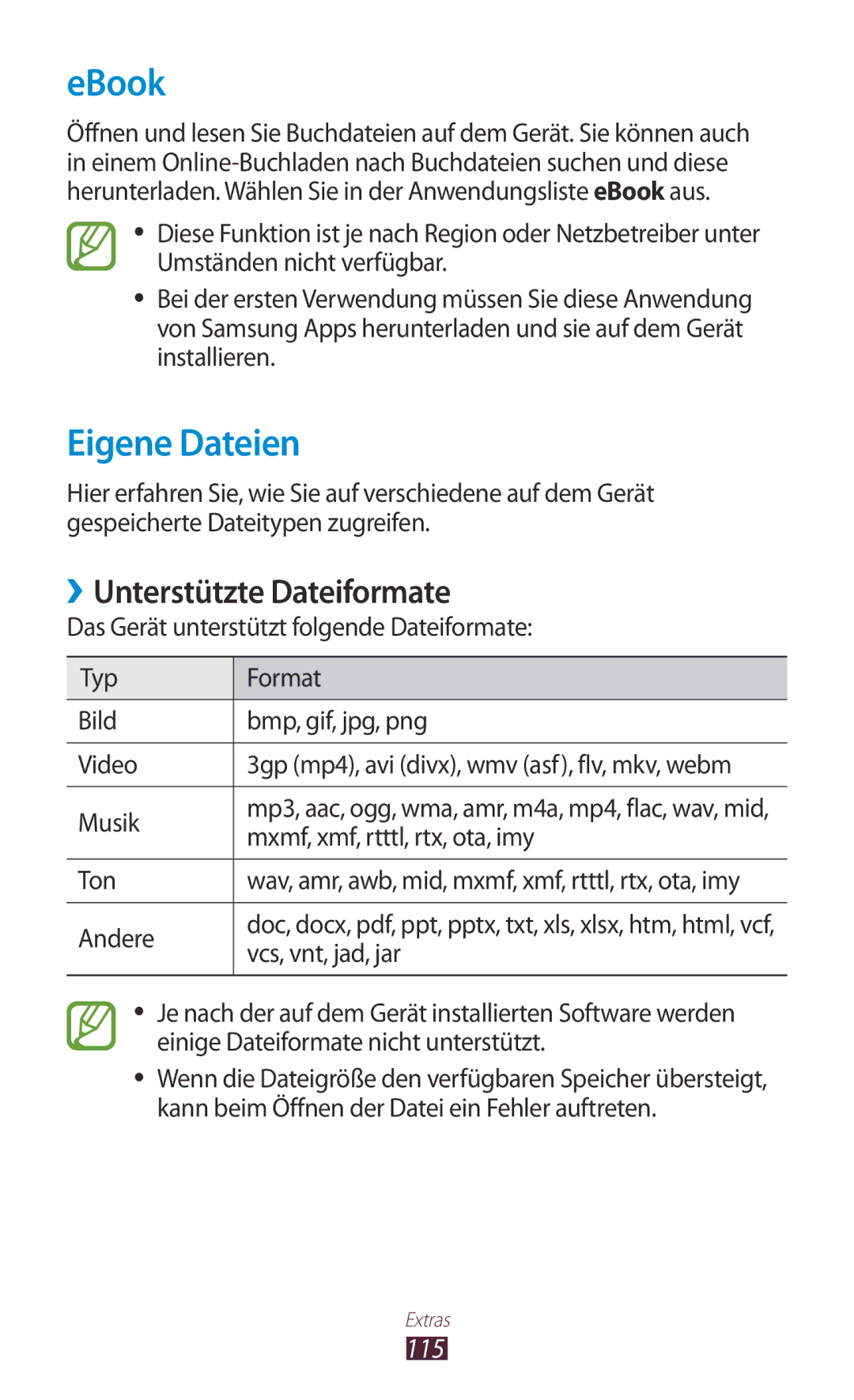 Samsung GT-P6200UWAATO, GT-P6200MAADBT, GT-P6200UWADBT manual EBook, Eigene Dateien, ››Unterstützte Dateiformate, 115 