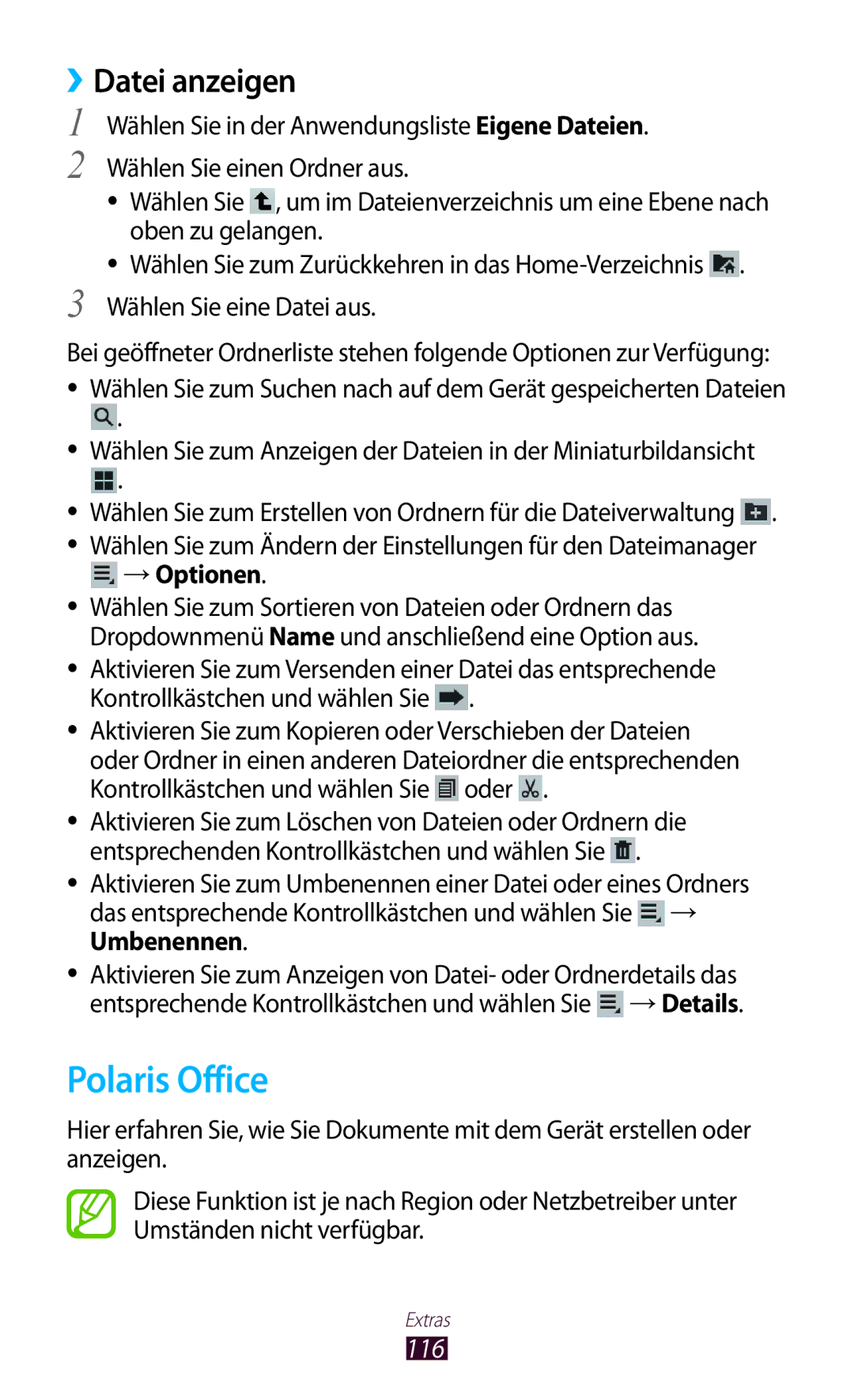 Samsung GT-P6200MAADBT, GT-P6200UWAATO, GT-P6200UWADBT, GT-P6200MAAATO Polaris Office, ››Datei anzeigen, 116, → Optionen 