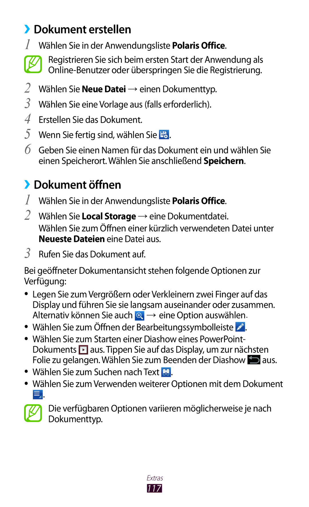 Samsung GT-P6200UWADBT ››Dokument erstellen, ››Dokument öffnen, 117, Wählen Sie in der Anwendungsliste Polaris Office 