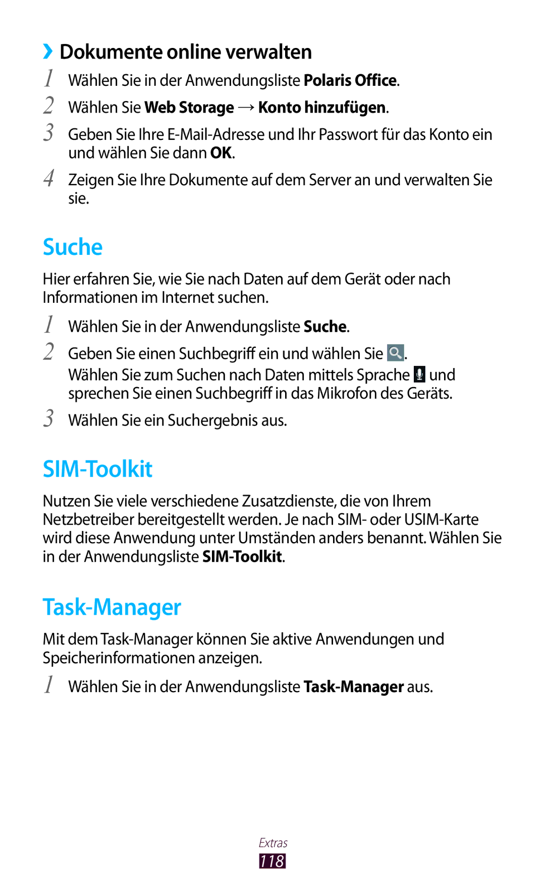 Samsung GT-P6200MAAATO, GT-P6200UWAATO, GT-P6200MAADBT Suche, SIM-Toolkit, Task-Manager, ››Dokumente online verwalten, 118 