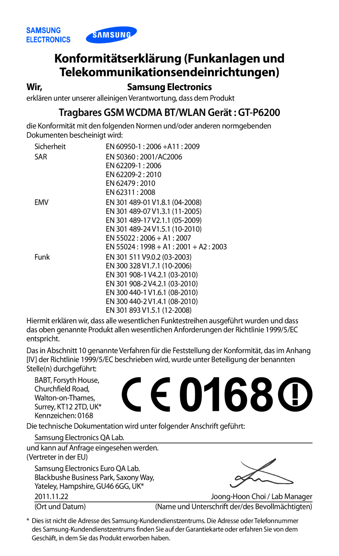 Samsung GT-P6200UWAATO, GT-P6200MAADBT manual Telekommunikationsendeinrichtungen, Tragbares GSM Wcdma BT/WLAN Gerät GT-P6200 