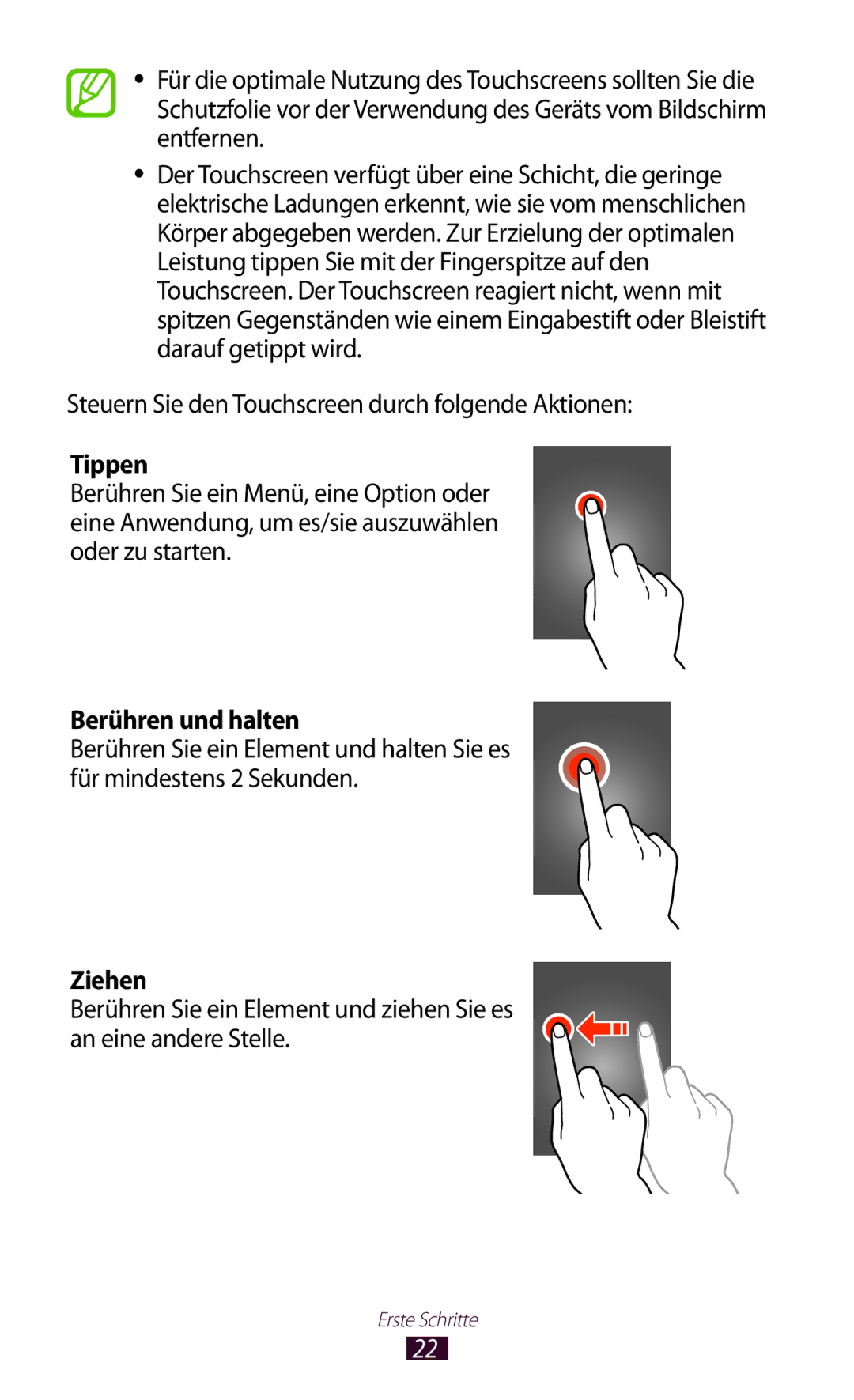 Samsung GT-P6200UWADBT, GT-P6200UWAATO, GT-P6200MAADBT, GT-P6200MAAATO, GT-P6200UWATUR Tippen, Berühren und halten, Ziehen 