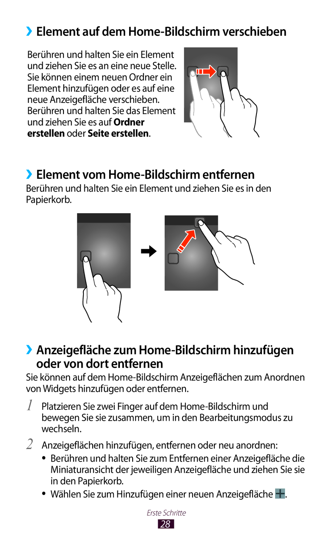 Samsung GT-P6200MAAATO manual ››Element vom Home-Bildschirm entfernen, ››Element auf dem Home-Bildschirm verschieben 