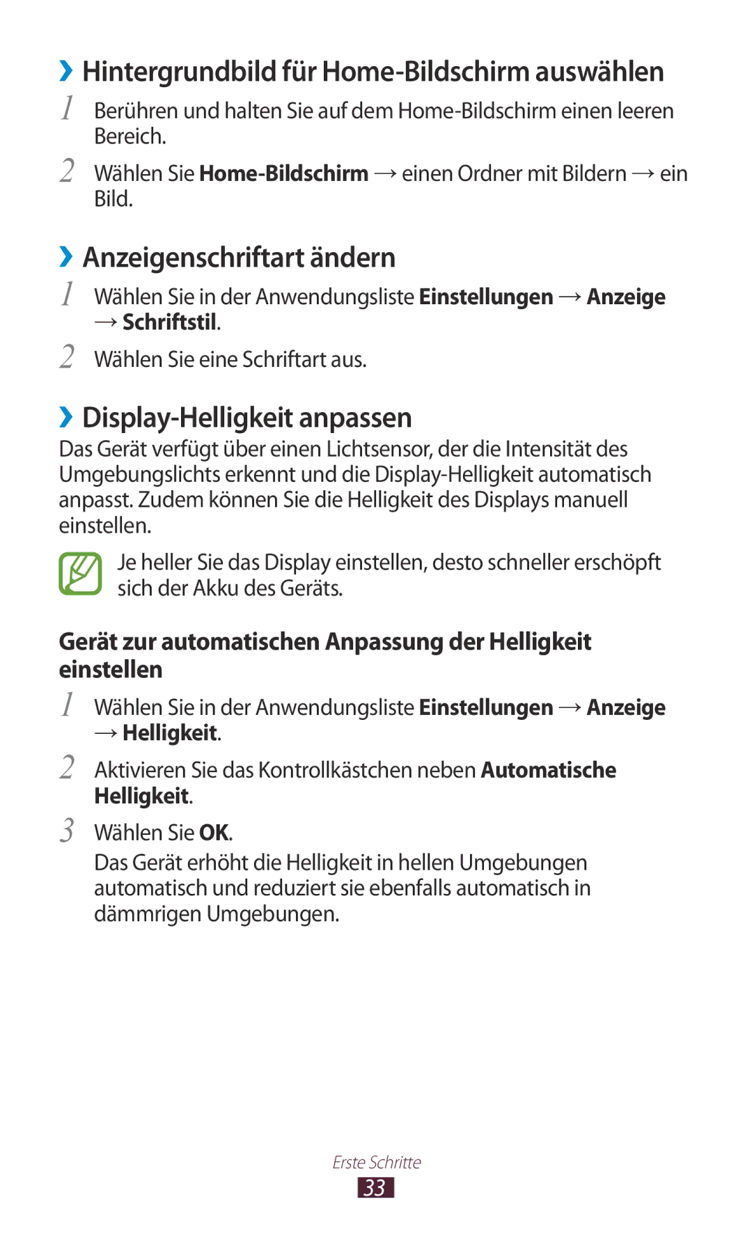 Samsung GT-P6200MAAATO manual ››Anzeigenschriftart ändern, ››Display-Helligkeit anpassen, → Schriftstil, → Helligkeit 