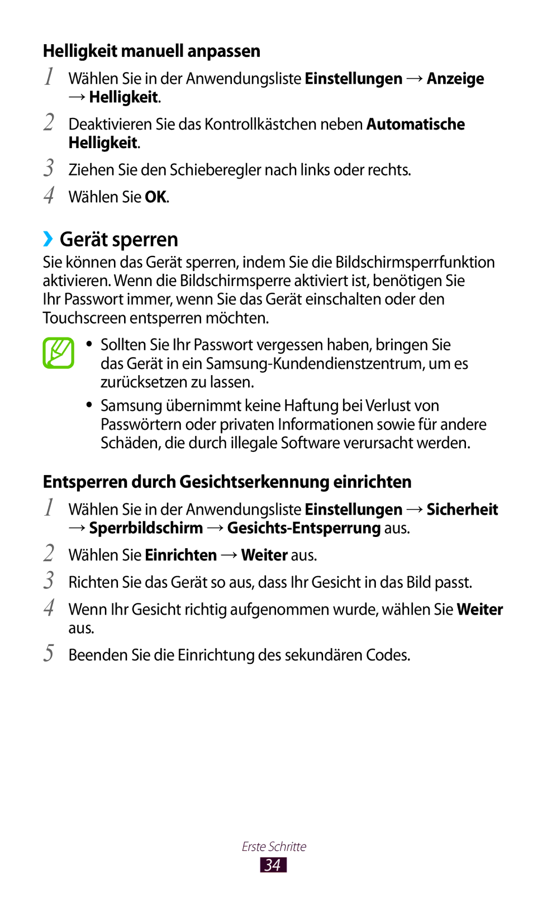 Samsung GT-P6200UWATUR, GT-P6200UWAATO manual ››Gerät sperren, Wählen Sie in der Anwendungsliste Einstellungen → Sicherheit 