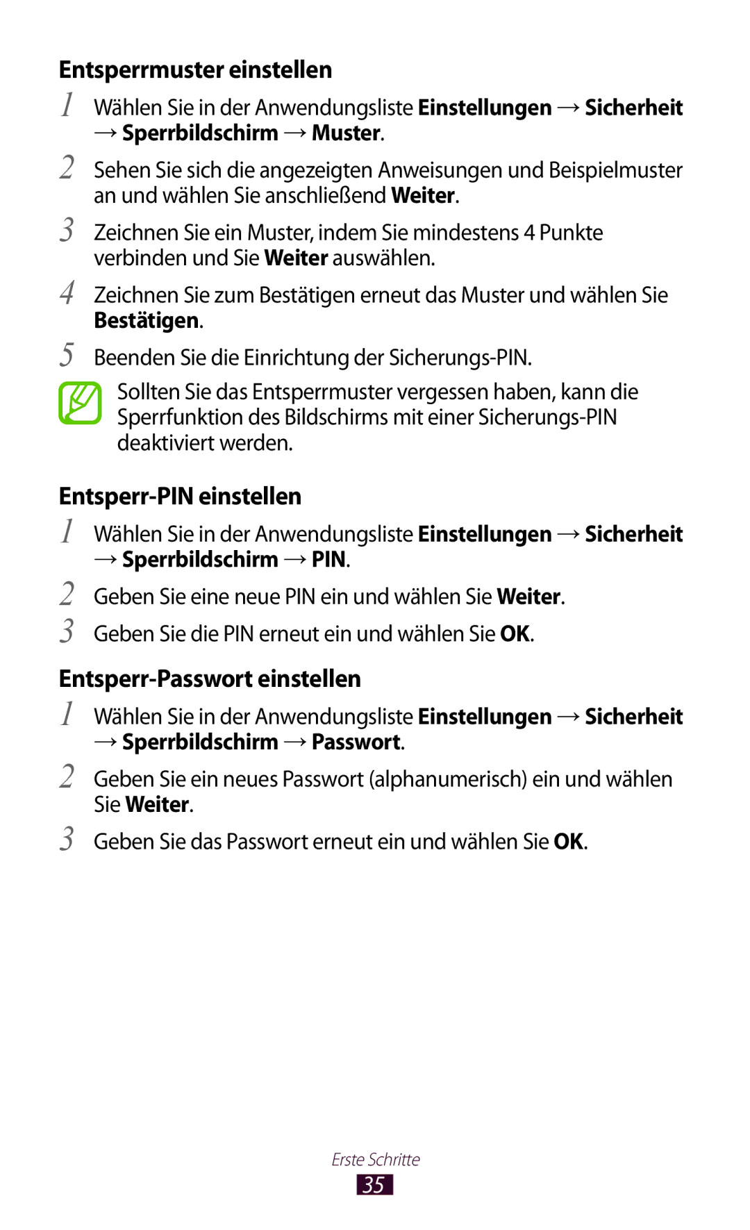 Samsung GT-P6200UWAATO, GT-P6200MAADBT → Sperrbildschirm → Muster, → Sperrbildschirm → PIN, → Sperrbildschirm → Passwort 