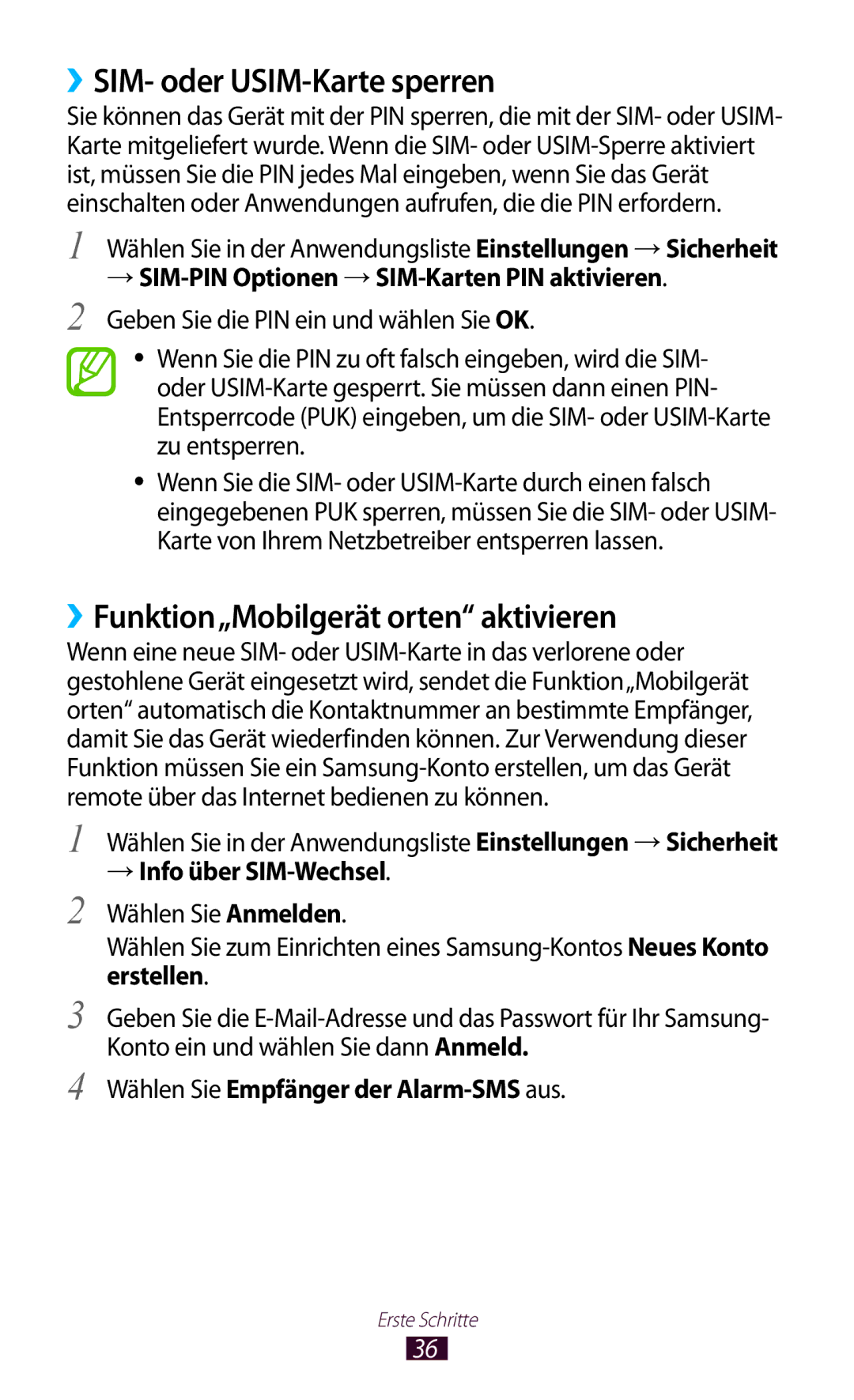 Samsung GT-P6200MAADBT, GT-P6200UWAATO manual ››SIM- oder USIM-Karte sperren, ››Funktion„Mobilgerät orten aktivieren 