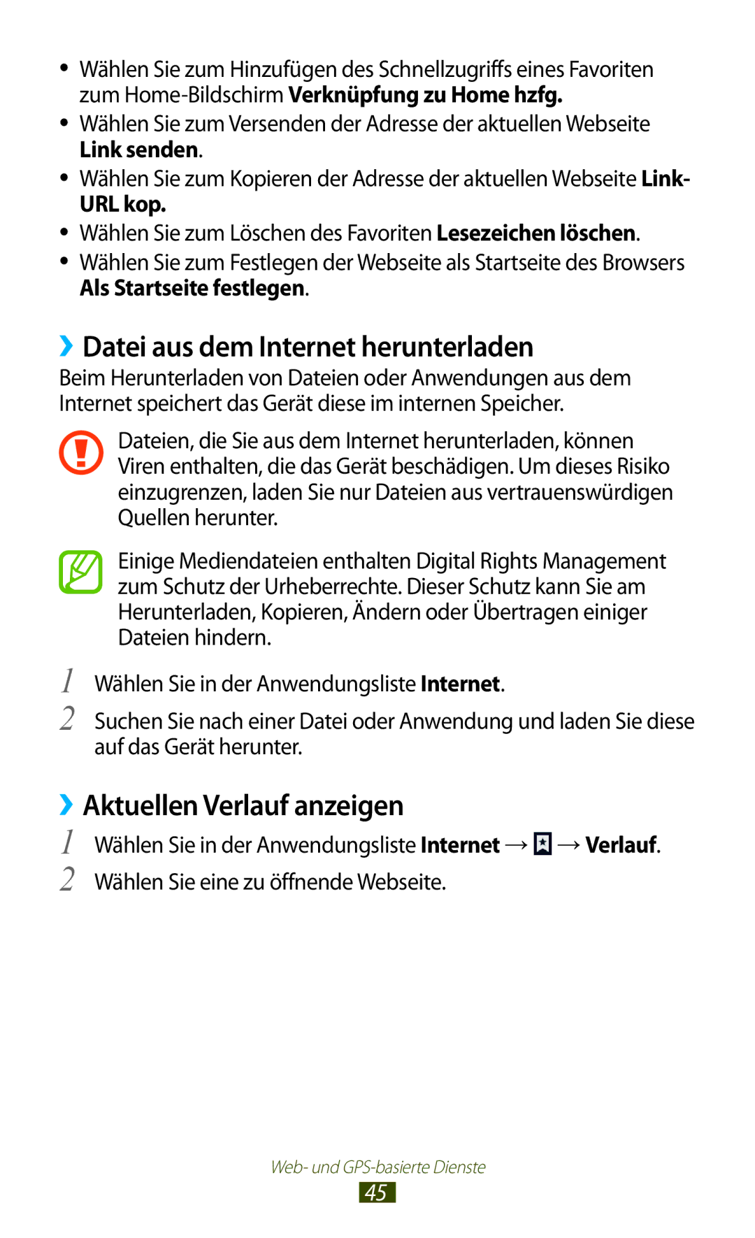 Samsung GT-P6200UWAATO, GT-P6200MAADBT manual ››Datei aus dem Internet herunterladen, ››Aktuellen Verlauf anzeigen, URL kop 