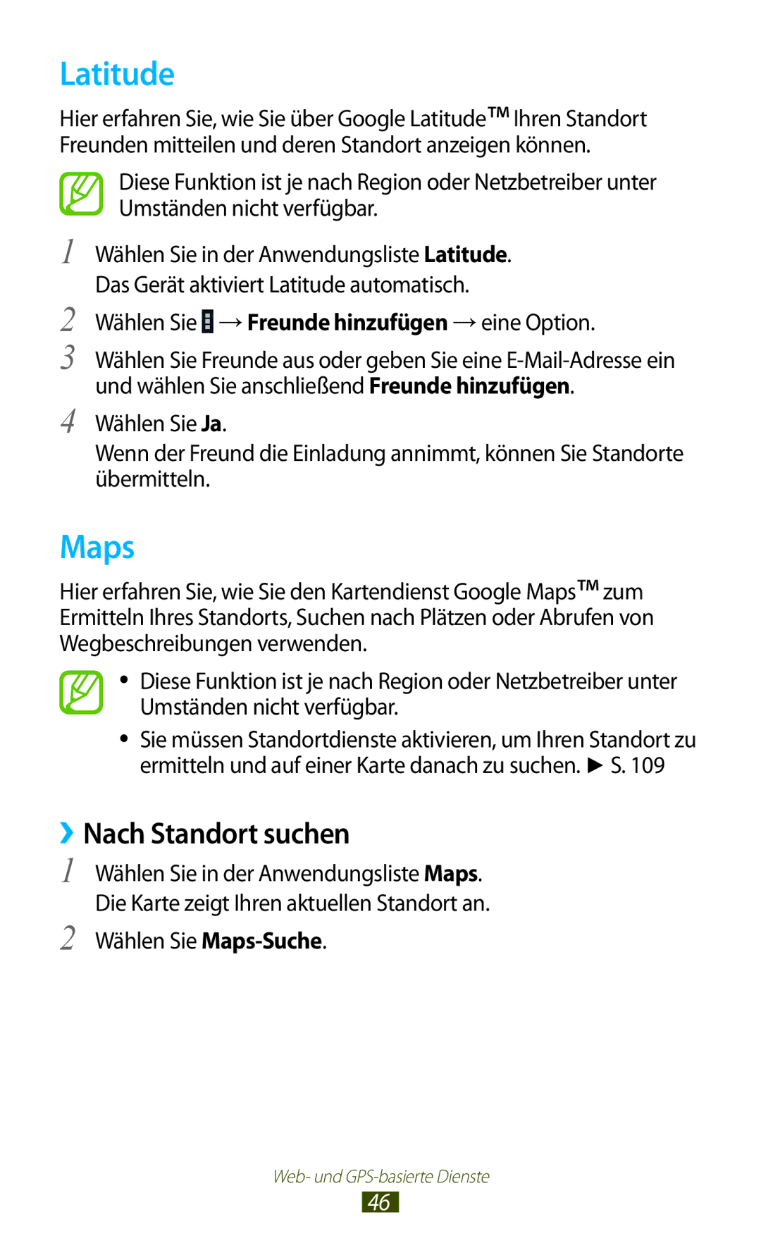 Samsung GT-P6200MAADBT manual Latitude, Maps, ››Nach Standort suchen, Wählen Sie → Freunde hinzufügen → eine Option 