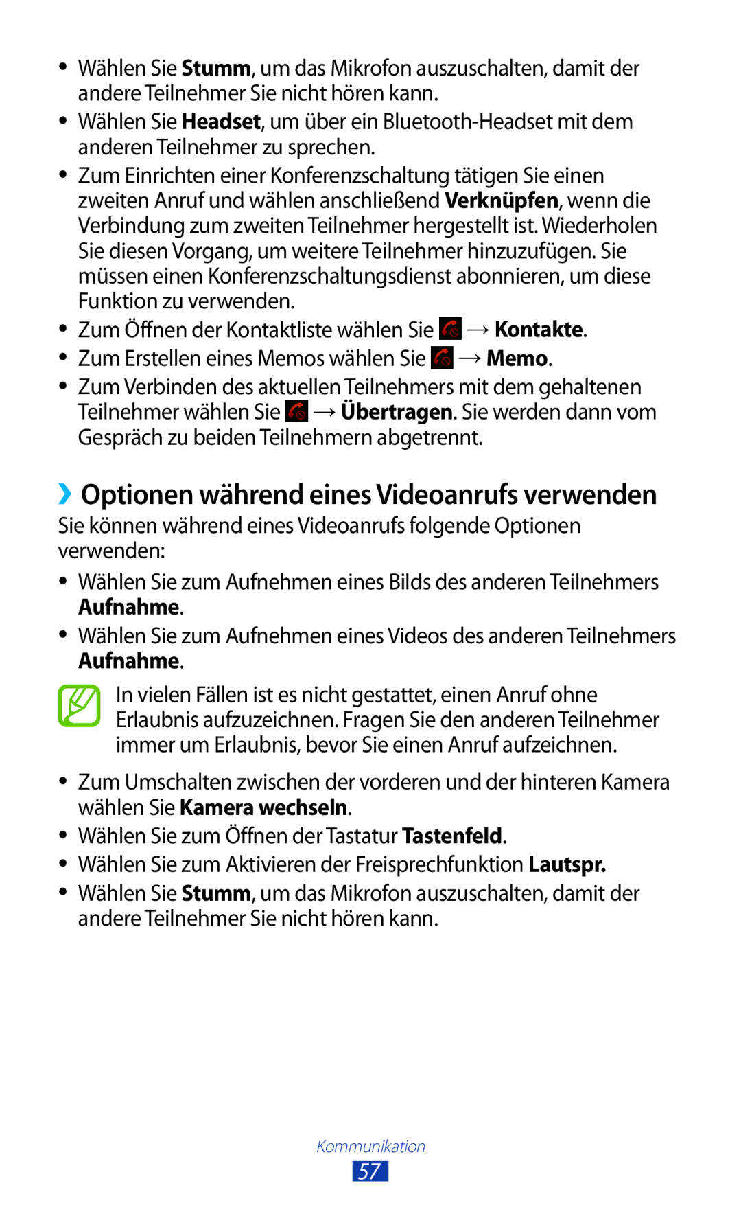 Samsung GT-P6200UWADBT, GT-P6200UWAATO, GT-P6200MAADBT manual ››Optionen während eines Videoanrufs verwenden, → Memo 