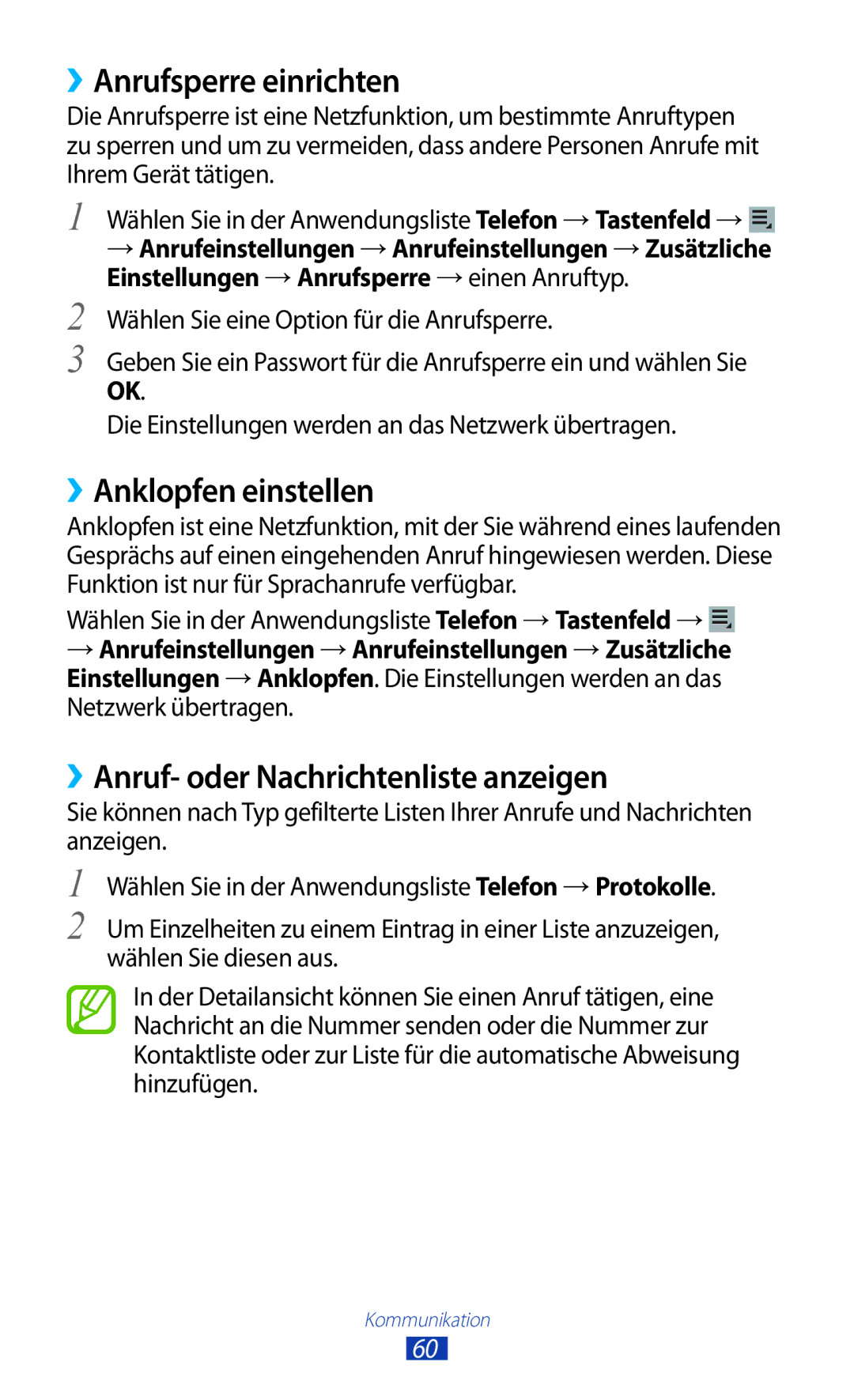 Samsung GT-P6200UWAATO manual ››Anrufsperre einrichten, ››Anklopfen einstellen, ››Anruf- oder Nachrichtenliste anzeigen 