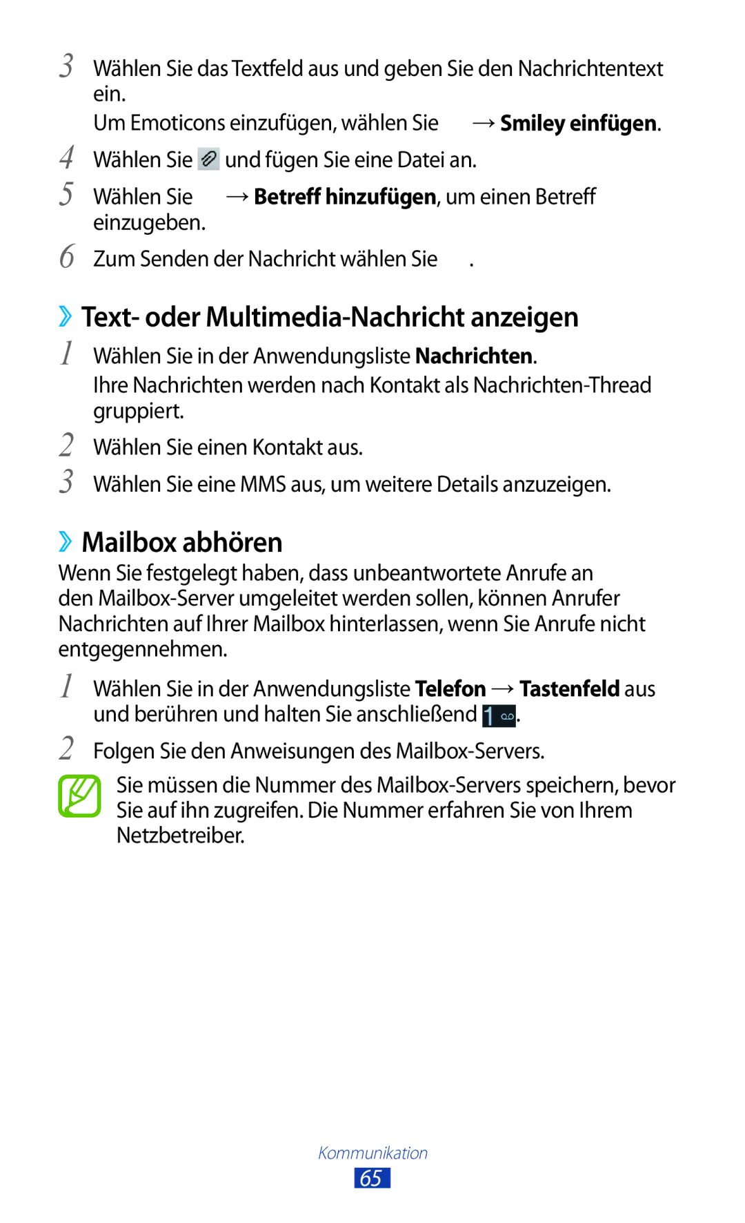 Samsung GT-P6200UWAATO, GT-P6200MAADBT, GT-P6200UWADBT manual ››Text- oder Multimedia-Nachricht anzeigen, ››Mailbox abhören 