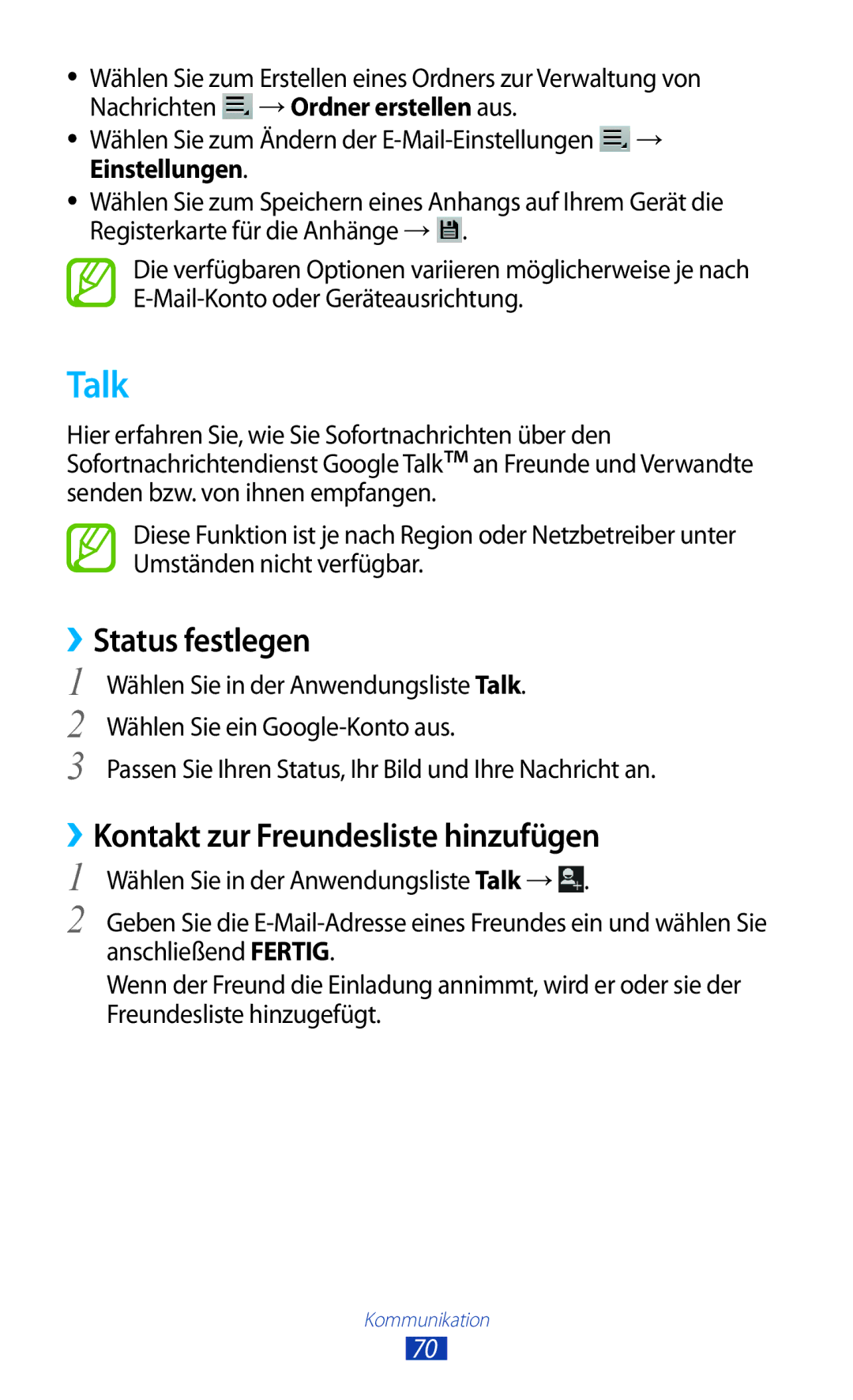 Samsung GT-P6200UWAATO, GT-P6200MAADBT, GT-P6200UWADBT Talk, ››Status festlegen, ››Kontakt zur Freundesliste hinzufügen 