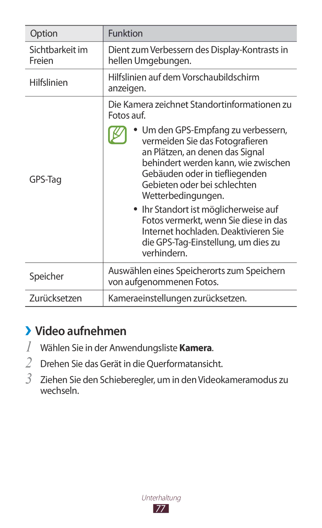 Samsung GT-P6200UWADBT, GT-P6200UWAATO, GT-P6200MAADBT, GT-P6200MAAATO, GT-P6200UWATUR manual ››Video aufnehmen 