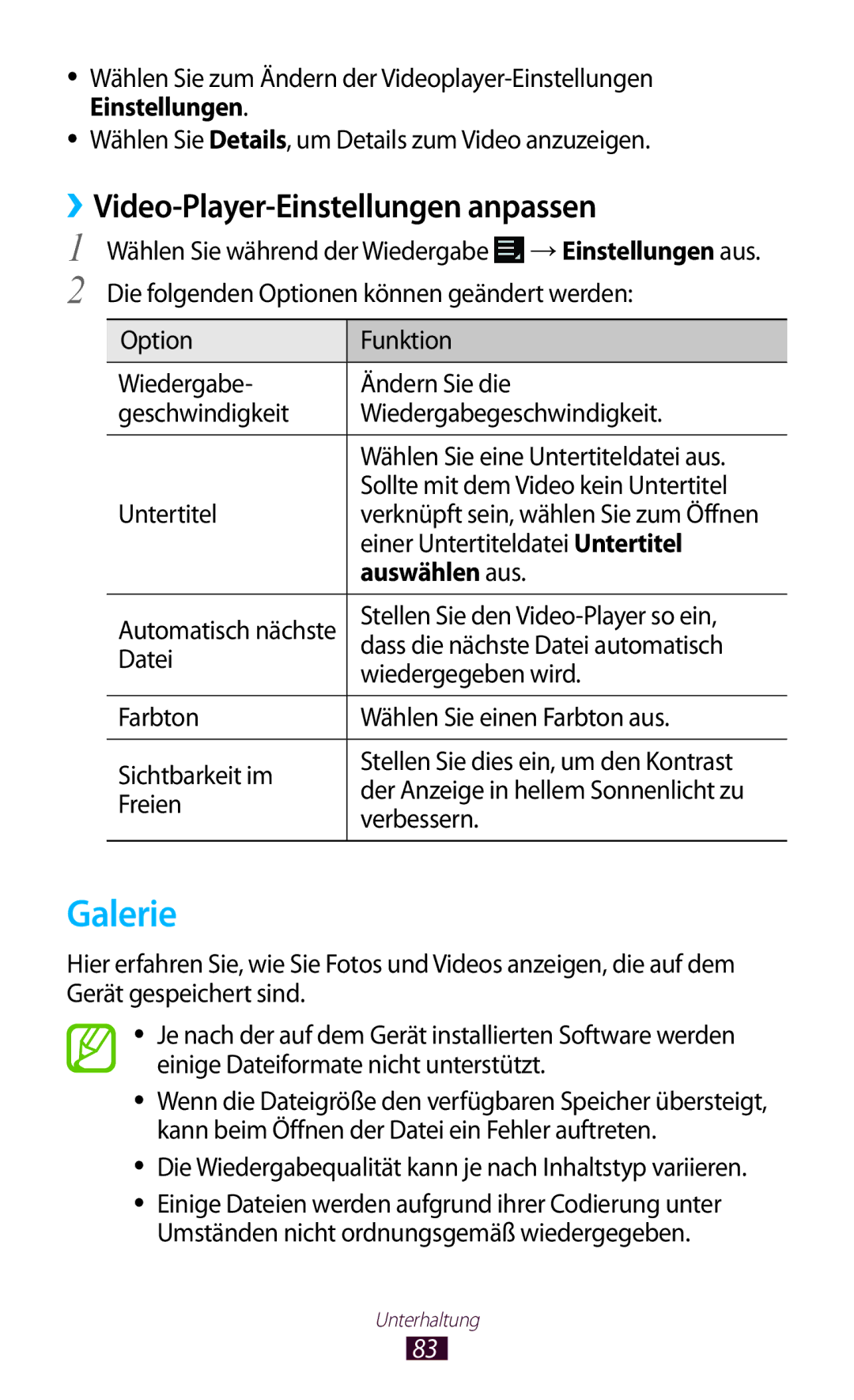 Samsung GT-P6200MAAATO Galerie, ››Video-Player-Einstellungen anpassen, Einer Untertiteldatei Untertitel, Auswählen aus 