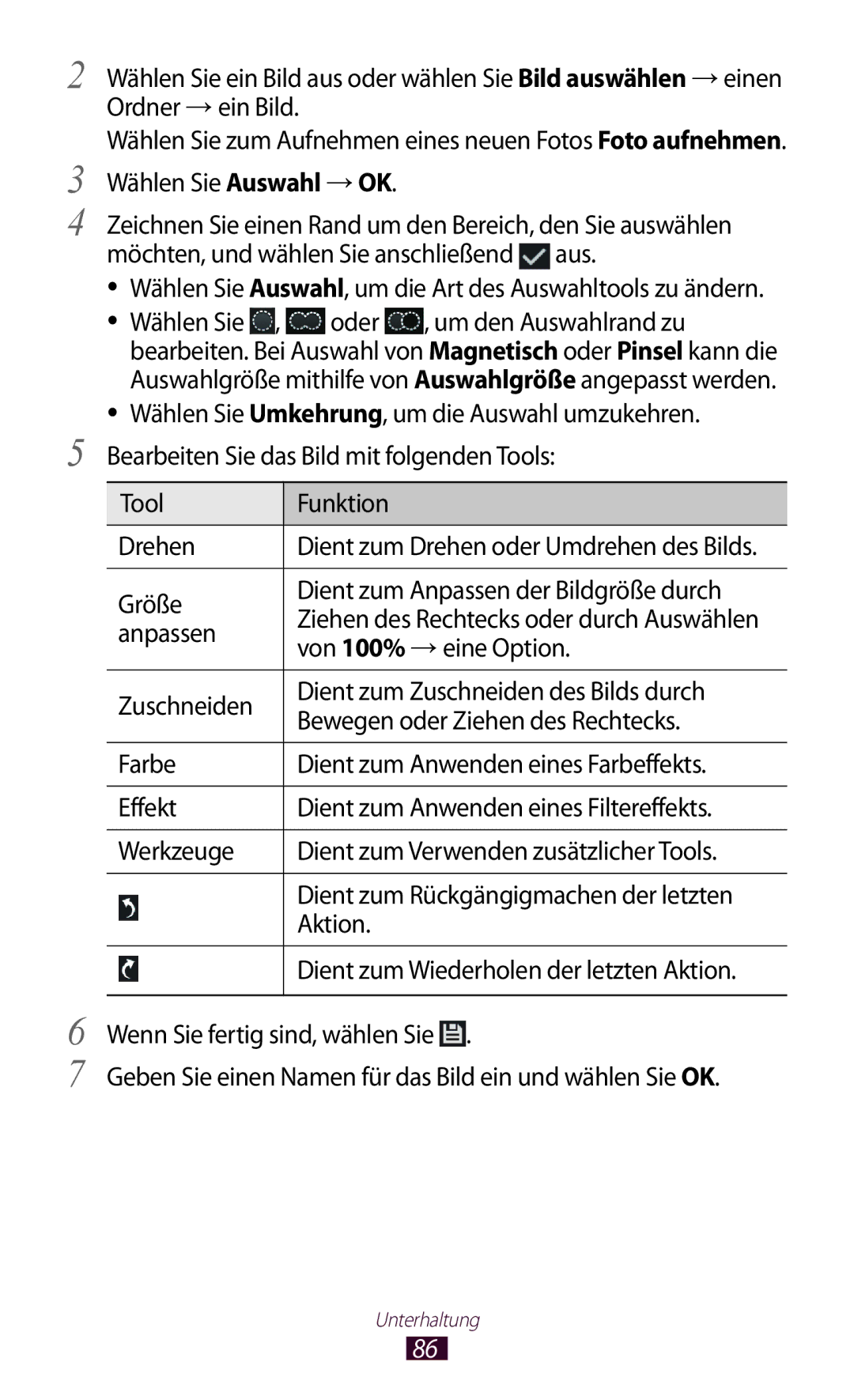 Samsung GT-P6200MAADBT, GT-P6200UWAATO Wählen Sie Auswahl → OK, Wählen Sie Auswahl, um die Art des Auswahltools zu ändern 