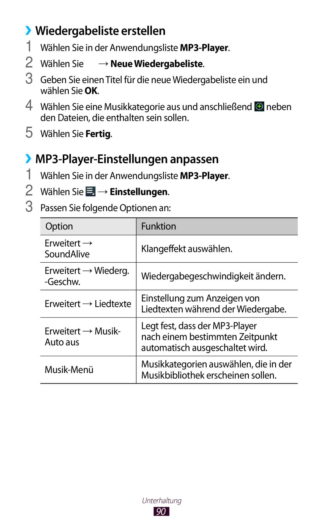 Samsung GT-P6200UWAATO Wiedergabeliste erstellen, ››MP3-Player-Einstellungen anpassen, Wählen Sie → Neue Wiedergabeliste 