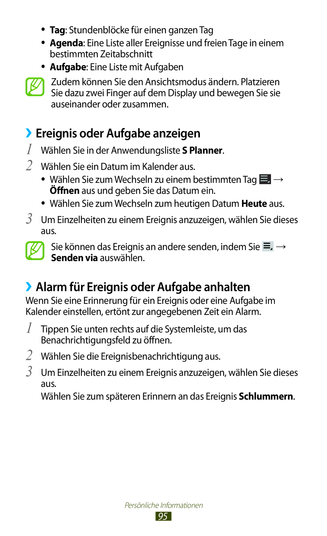 Samsung GT-P6200UWAATO, GT-P6200MAADBT manual ››Ereignis oder Aufgabe anzeigen, ››Alarm für Ereignis oder Aufgabe anhalten 