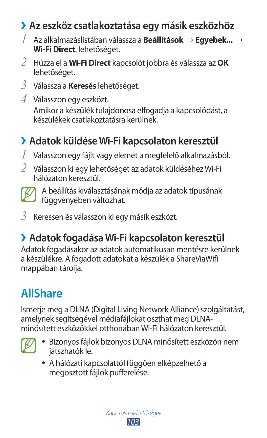 Samsung GT-P6200MAAXEO, GT-P6200UWAITV, GT-P6200MAABGL manual AllShare, ››Adatok küldése Wi-Fi kapcsolaton keresztül, 103 