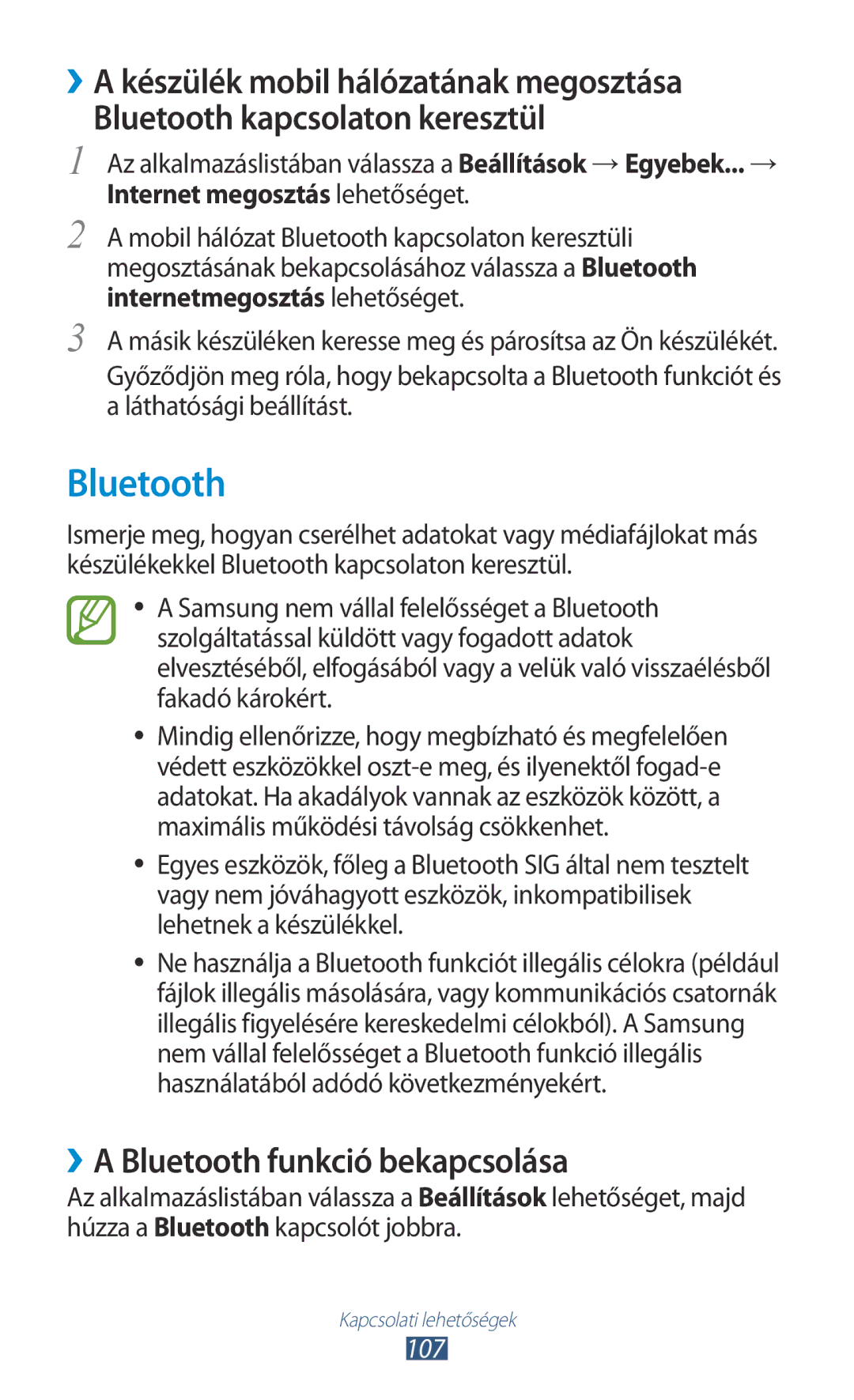 Samsung GT-P6200MAAXEH, GT-P6200UWAITV, GT-P6200MAABGL, GT-P6200MAAXEZ manual ››A Bluetooth funkció bekapcsolása, 107 